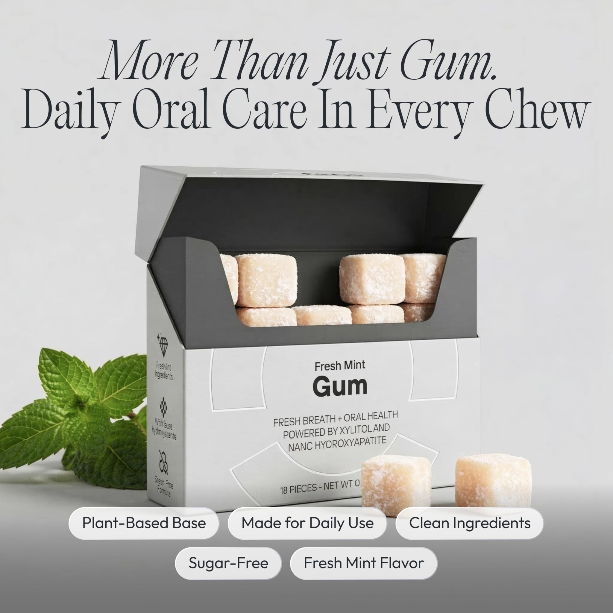 Feno Remineralizing Gum - Sugar Free Xylitol Gum with Nano Hydroxyapatite, Spearmint Dental Chewing Gum, Organic Tree Sap Base, Fresh Breath and Daily