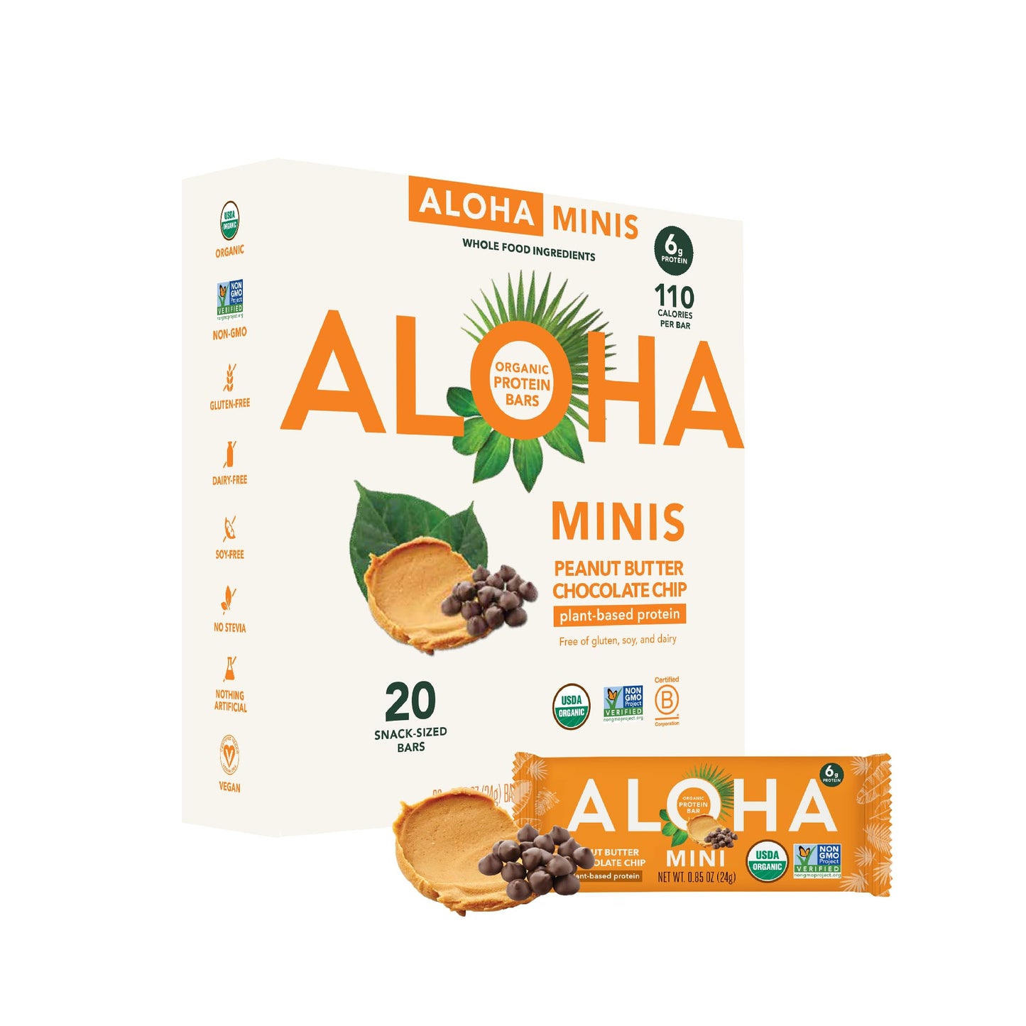 ALOHA Organic Plant Based Protein Bar MINIS |Peanut Butter Chocolate Chip | 20 Count, 24g Bars | Vegan, Low Sugar, Gluten Free, Low Carb, Non-GMO