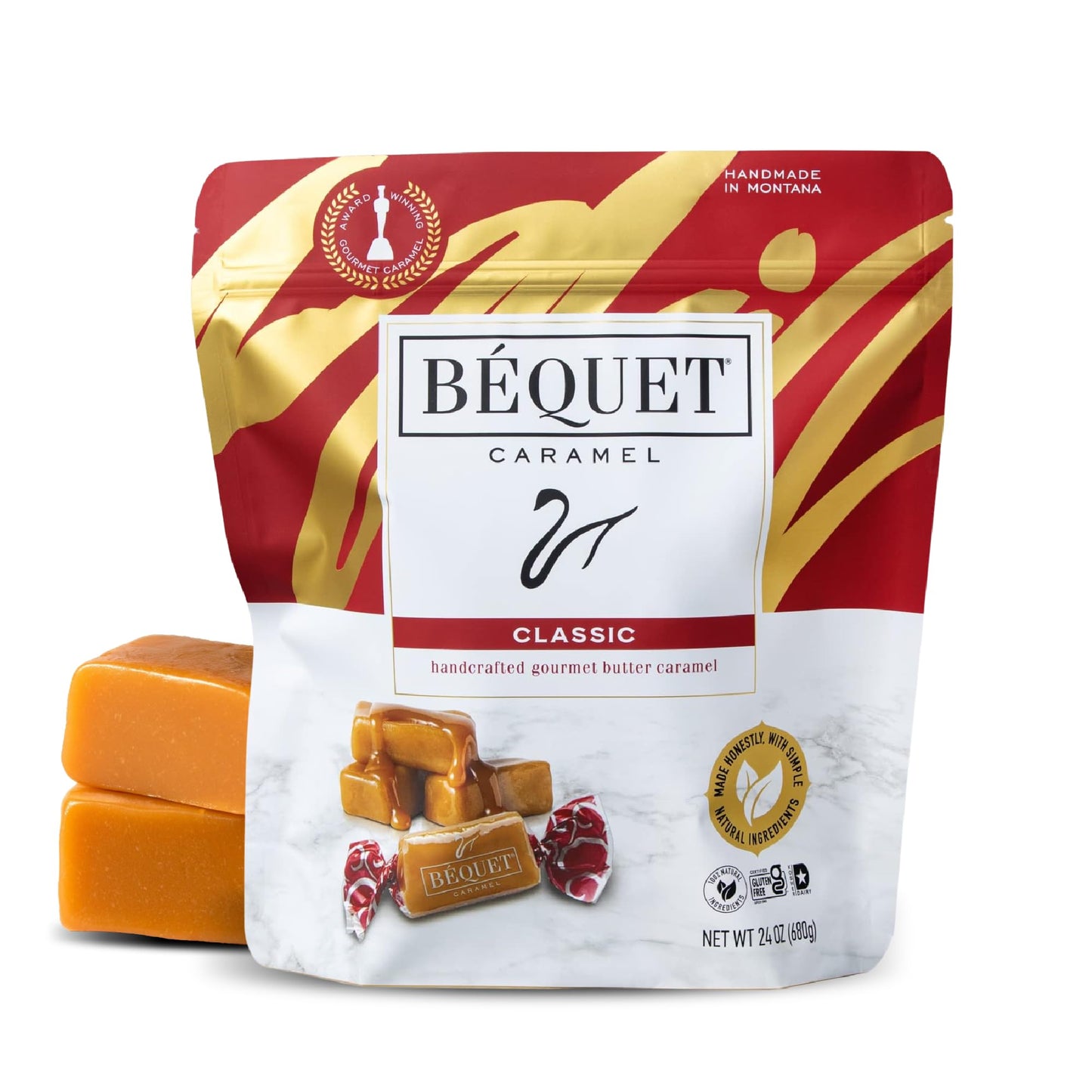 Béquet Classic Caramels - Soft, Individually Wrapped Gourmet Caramel Candy, Gluten?Free & Kosher - 24 oz Resealable Pouch