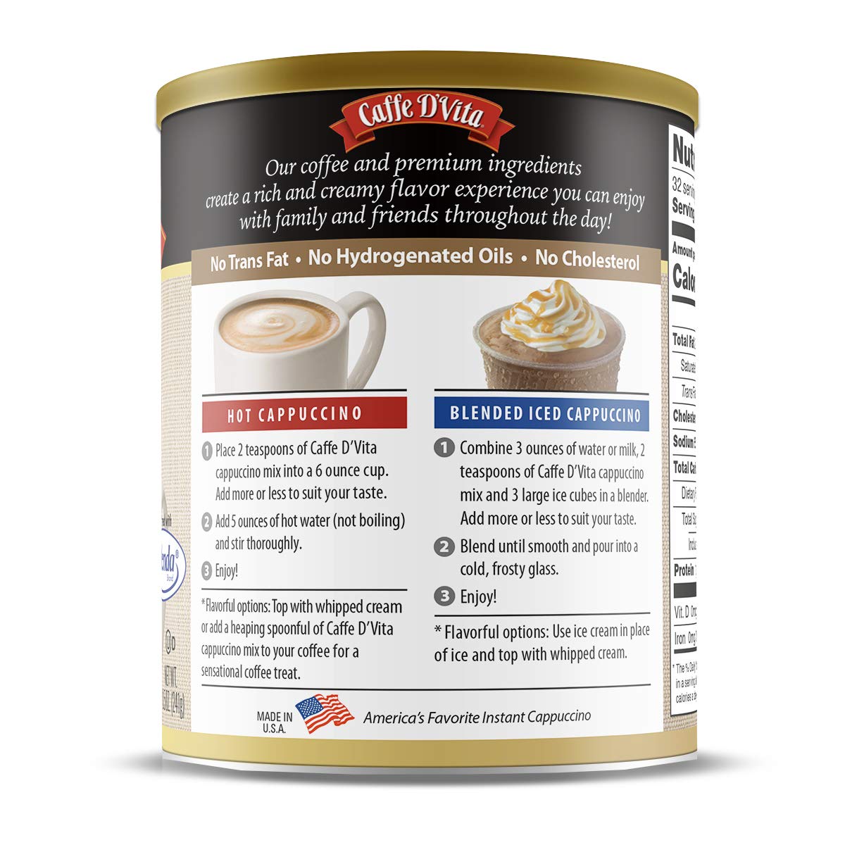 Caffe D’Vita Sugar Free French Vanilla Cappuccino Mix - Instant Cappuccino Mix, Gluten Free, No Cholesterol, No Hydrogenated Oils, 99% Caffeine Free