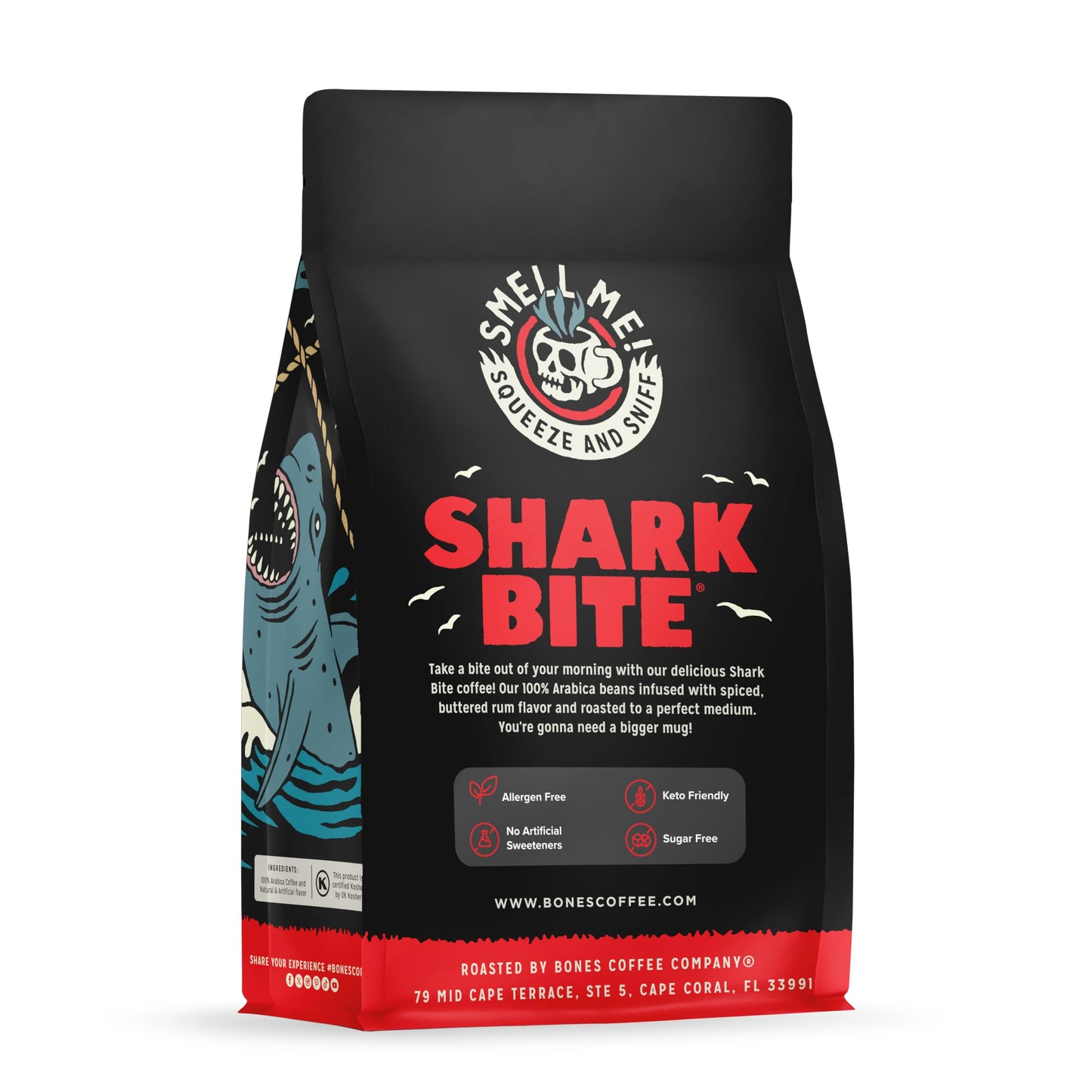 Bones Coffee Company Shark Bite, Buttered Rum Flavored Coffee, Medium Roast Low Acid Arabica Beans Compatible with Auto drip and French Press Coffee