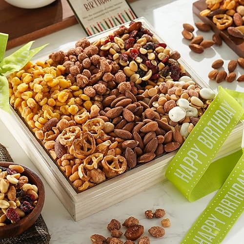 Broadway Basketeers Birthday Gift Basket - Premium Healthy Gourmet Nuts Gift Basket with Assorted Nut Tray - Happy Birthday Snacks for Men, Women