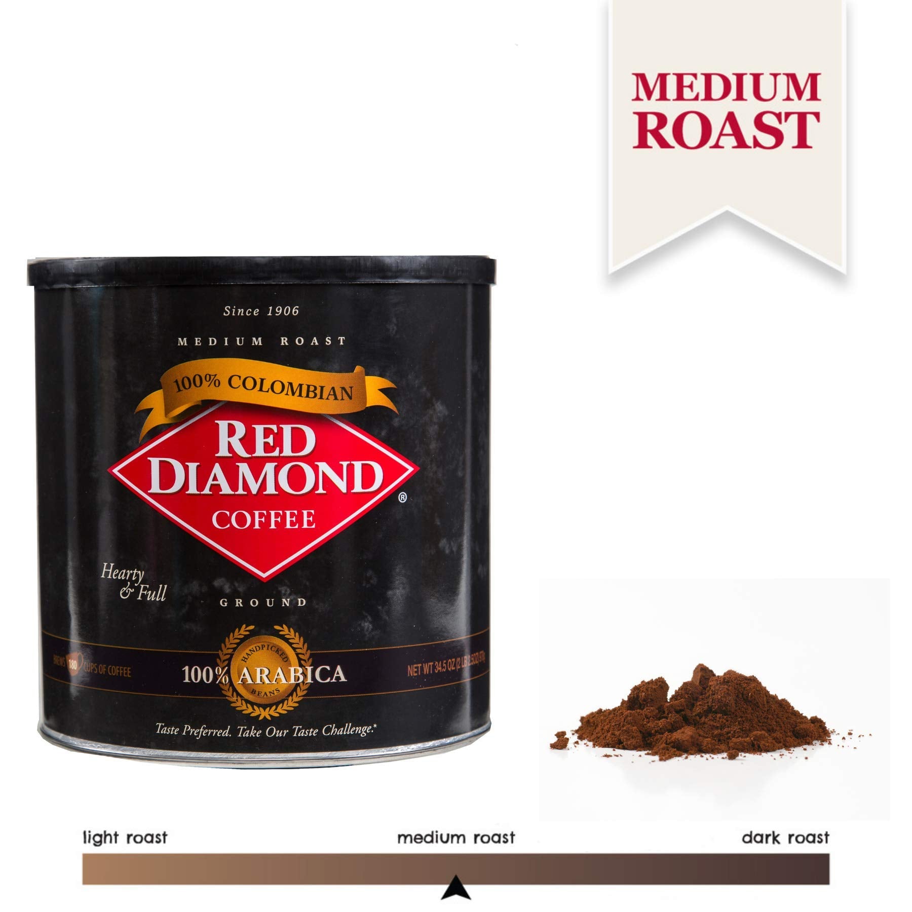 Red Diamond Ground Coffee, 100% Colombian, Medium Roast, Premium Arabica Beans, Hearty & Full Flavor, 34.5 Ounce Resealable Can