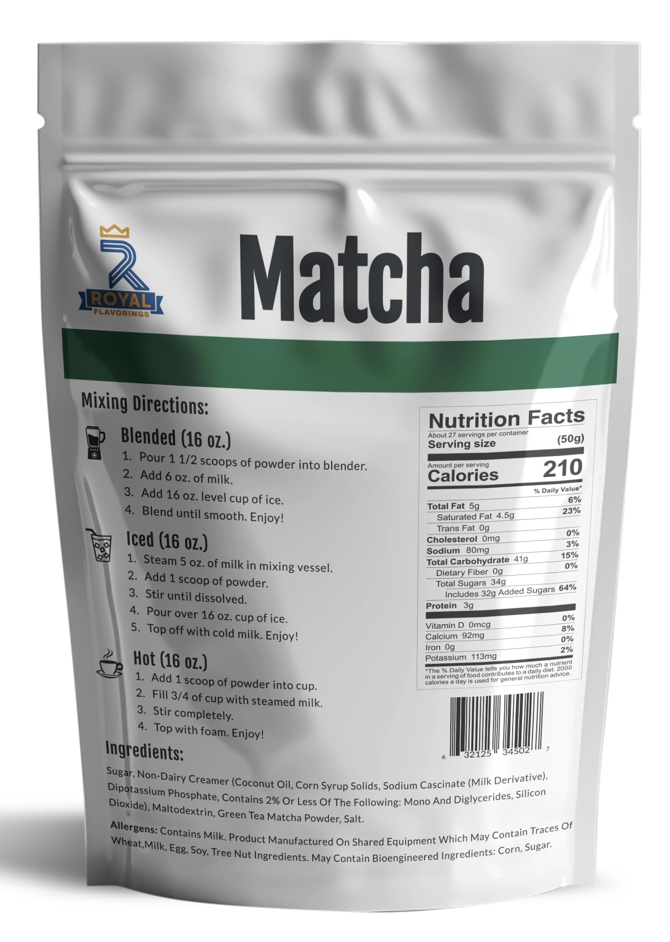 Royal Flavorings Matcha Green Tea Premium Flavored Frappe Drink Mix for Blended, Iced or Hot Drinks, Stand up Resealable Bag 3 Lb.