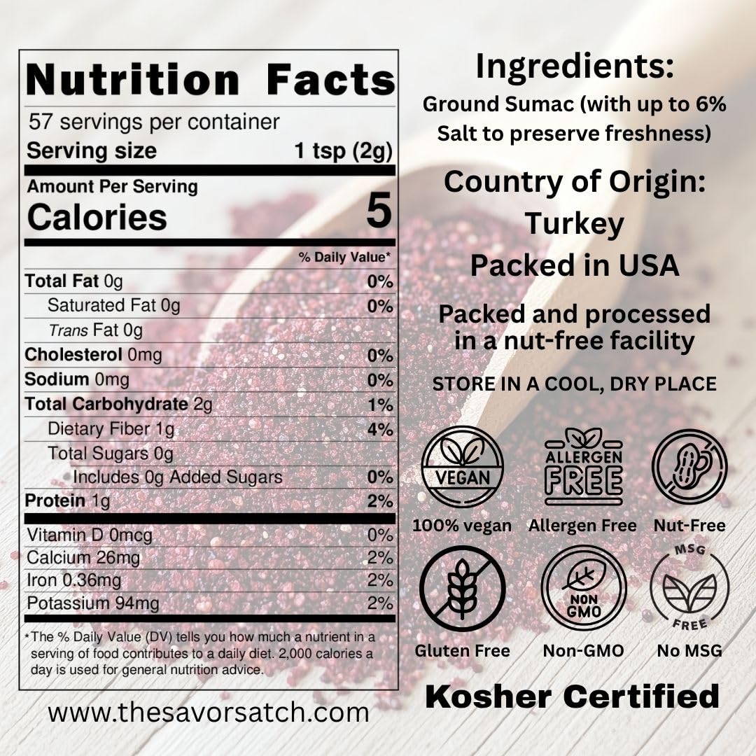 SavorSatch Ground Sumac - Resealable Pouch | Certified Kosher, GMO Free, Allergen-Free | Tangy, Deep Red Spice for Middle Eastern Cooking, Salads,