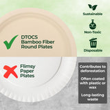 Dtocs Bamboo Disposable Plates 9 Inch Round (50) | Biodegradable Dinnerware Set for BBQ, Dinners & Catering | Microwavable, Freezer Safe | Sturdy