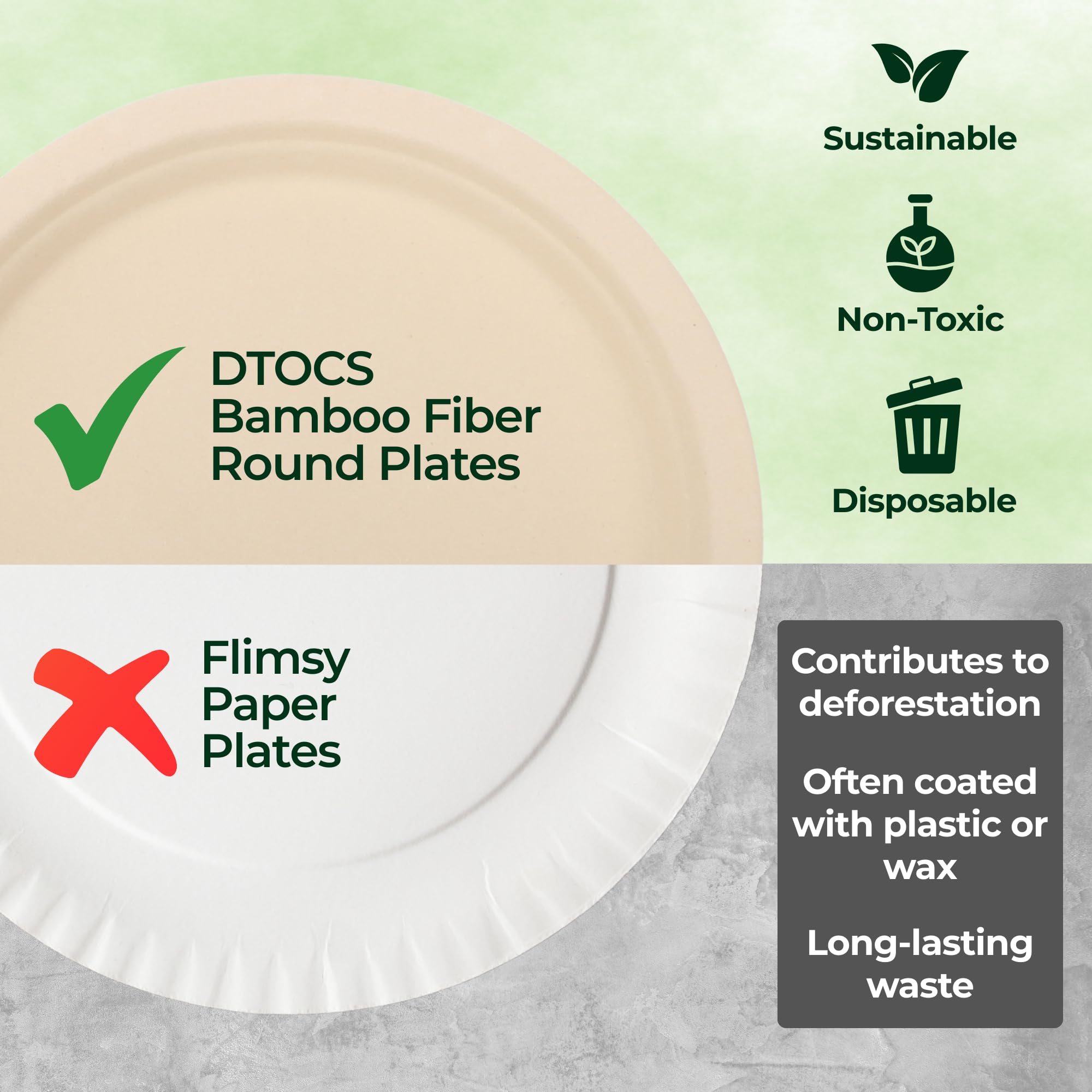 Dtocs Bamboo Disposable Plates 9 Inch Round (50) | Biodegradable Dinnerware Set for BBQ, Dinners & Catering | Microwavable, Freezer Safe | Sturdy