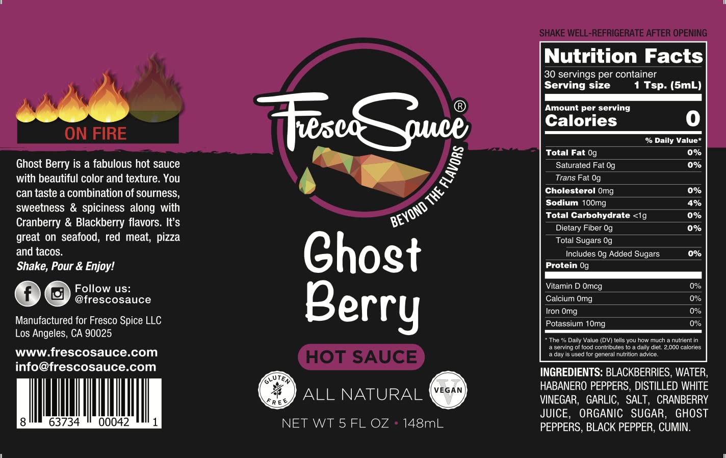 Ghost Berry Hot Sauce by Fresco Sauce - Ghost Pepper - Blackberry - Cranberry Juice - Flavorful - All Natural - Vegan - Gluten Free - 5 fl oz