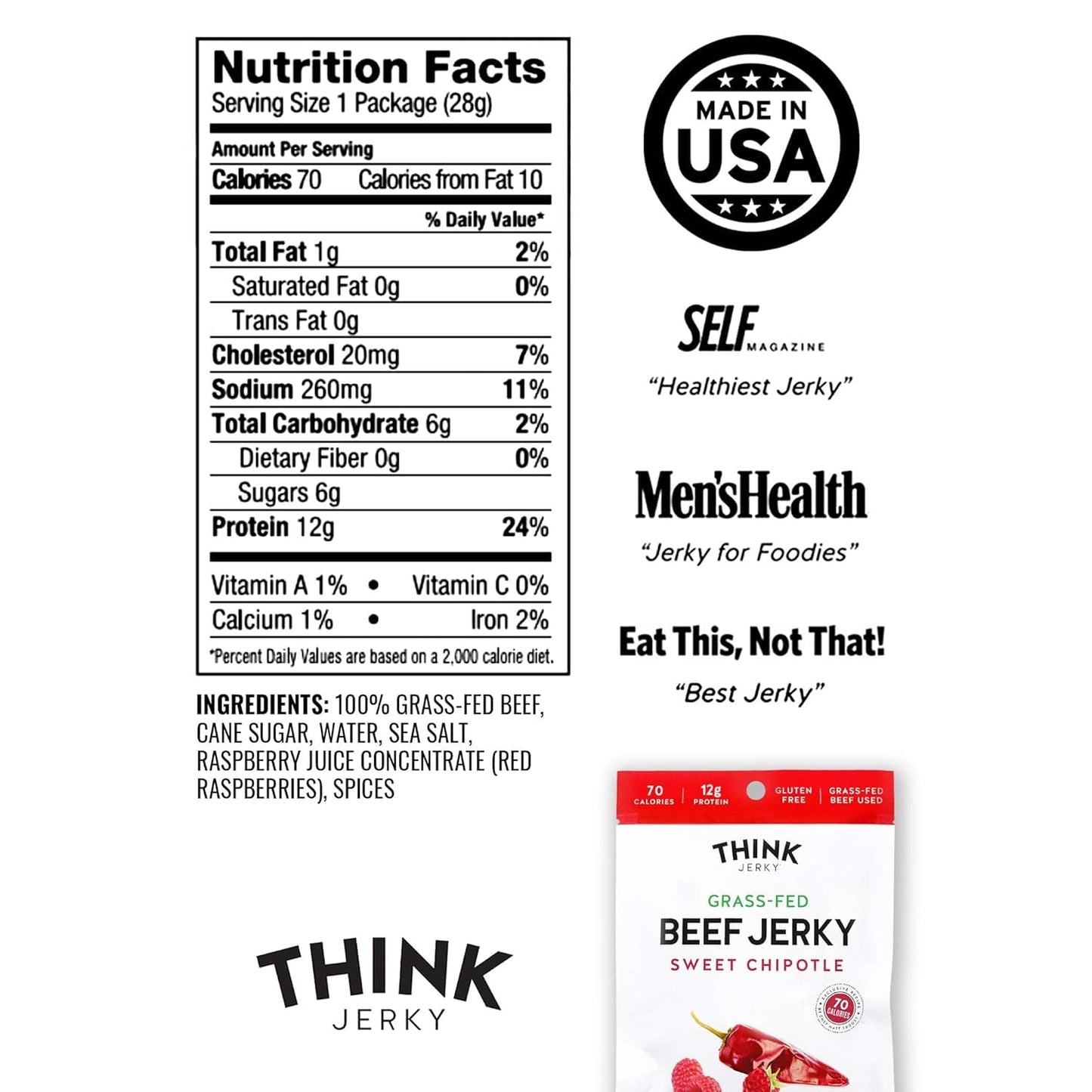 Think Jerky Sweet Chipotle Beef Jerky, Grass-Fed High Protein Beef, Gluten Free, No Antibiotics or Nitrates, Healthy Chef Crafted Recipe, Low Calorie