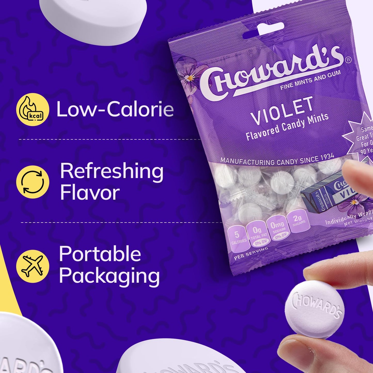 Choward's Violet Mints Candy Bag | Bold Aromatic Flavor | Perfect for Snacks in Lunchboxes, Travel, Sharing, and Gifting | Nostalgic Vintage Candy | 3