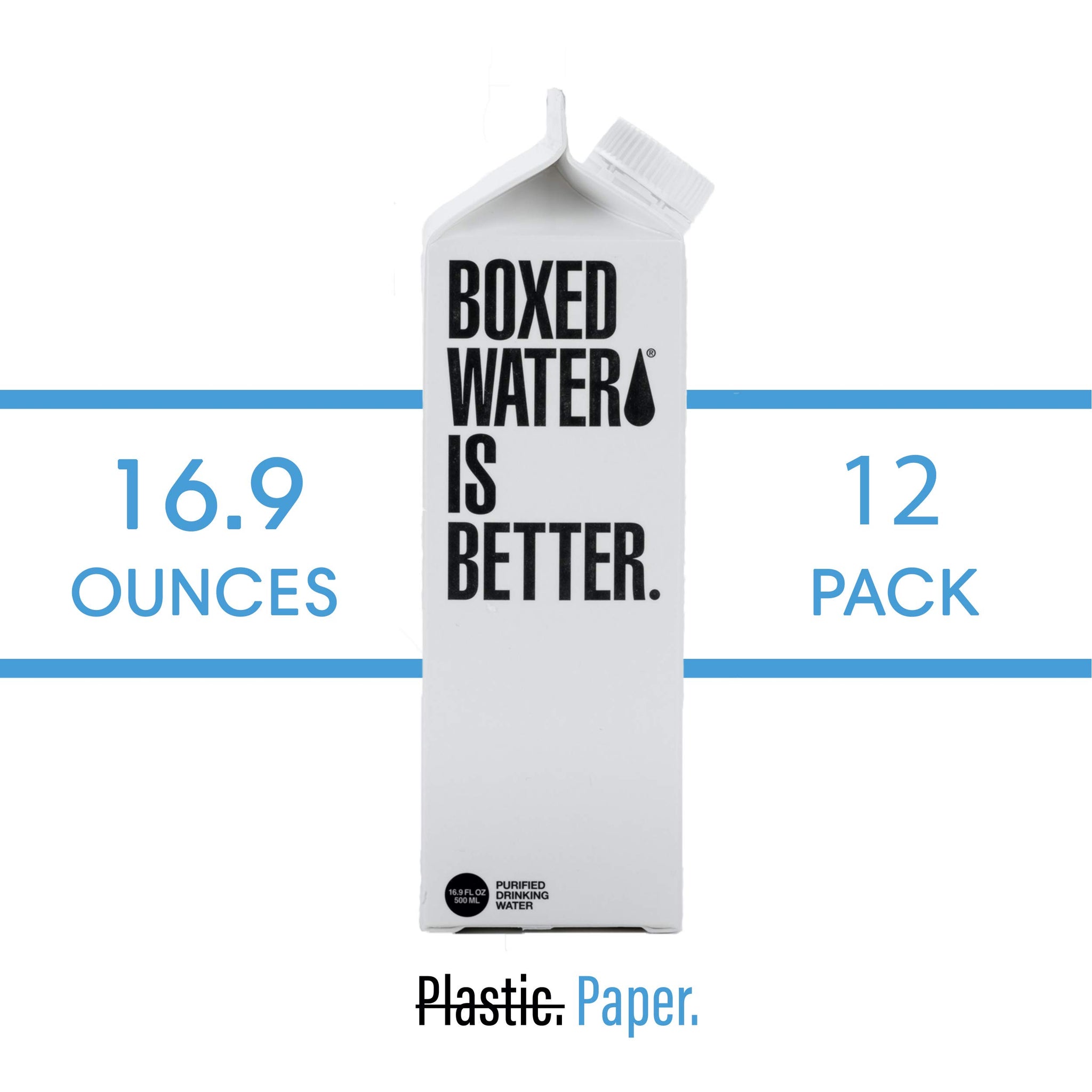 Boxed Water 16.9 oz. (12 Pack) - Purified Drinking Water in Plant-Based Cartons - BPA-Free, Refillable, Reusable - More Sustainable than Premium