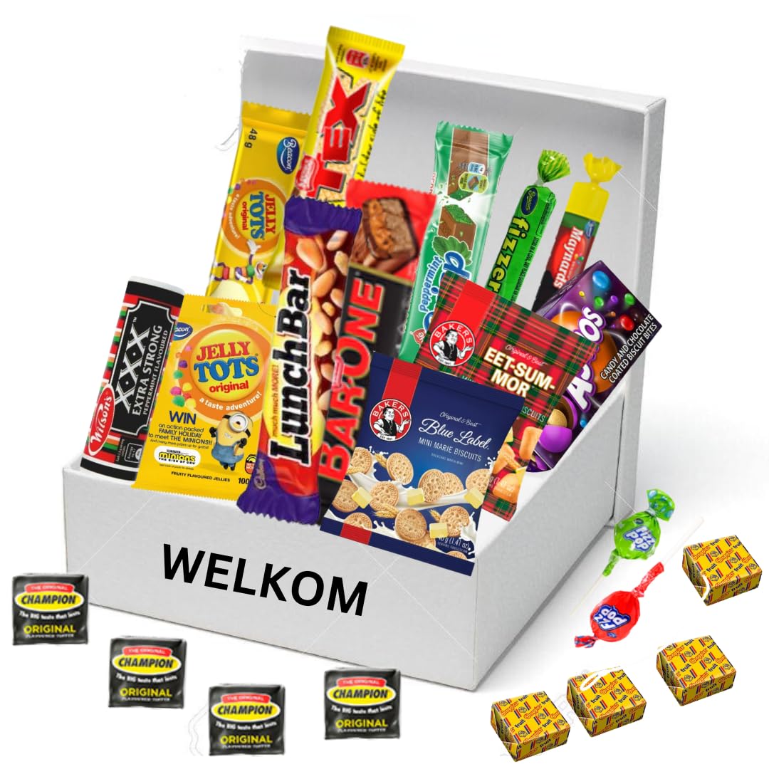 WELKOM South African Box | Variety of South African Favorite Snacks | Lunch Bar | Jelly Tots | Wine Gumes | Peppermint Crisp | Fizzer | 22 Favorites |