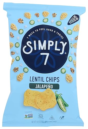 Simply 7, Lentil Chips, Jalapeño, 4 Oz, Packaging May Vary, Non-GMO, Nut-Free, Vegetarian, Low Calorie, Plant-Based, Cholesterol-Free, Low Fat, Vegan