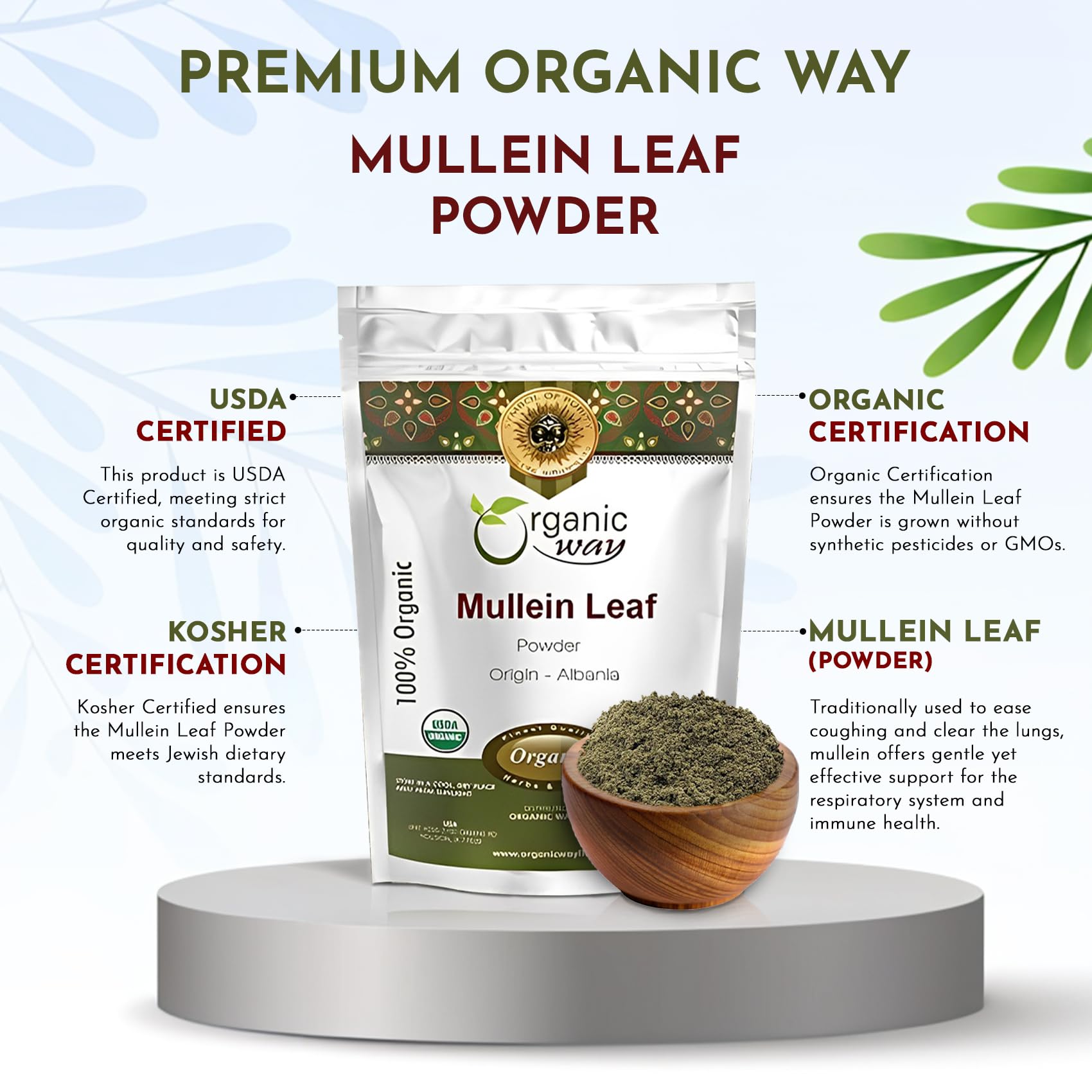 Organic Way Mullein Leaf Powder (Verbascum thapsus) - European Wild-Harvest | Organic & Kosher Certified | Vegan, Non GMO & Gluten Free | USDA