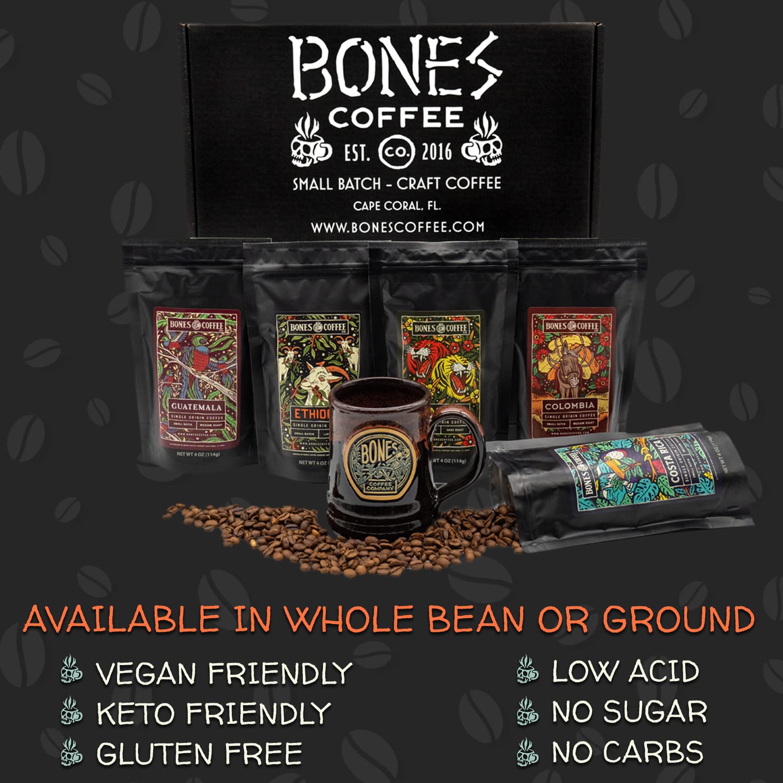 Bones Coffee Company NEW World Tour Sample Pack Box Set with Specialty Coffee Mug, 5 Assorted Single-Origin Low Acid Medium Roast Arabica Beans