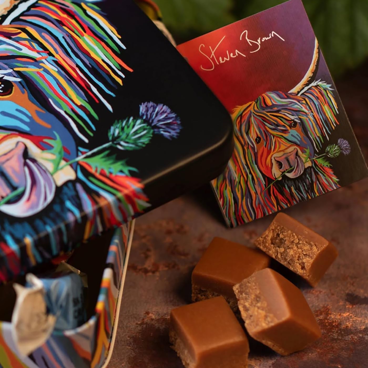 Gardiners of Scotland Handmade Fudge, Steven Brown - Lizzie McCoo Salted Caramel Fudge 7 Ounce Square Tin