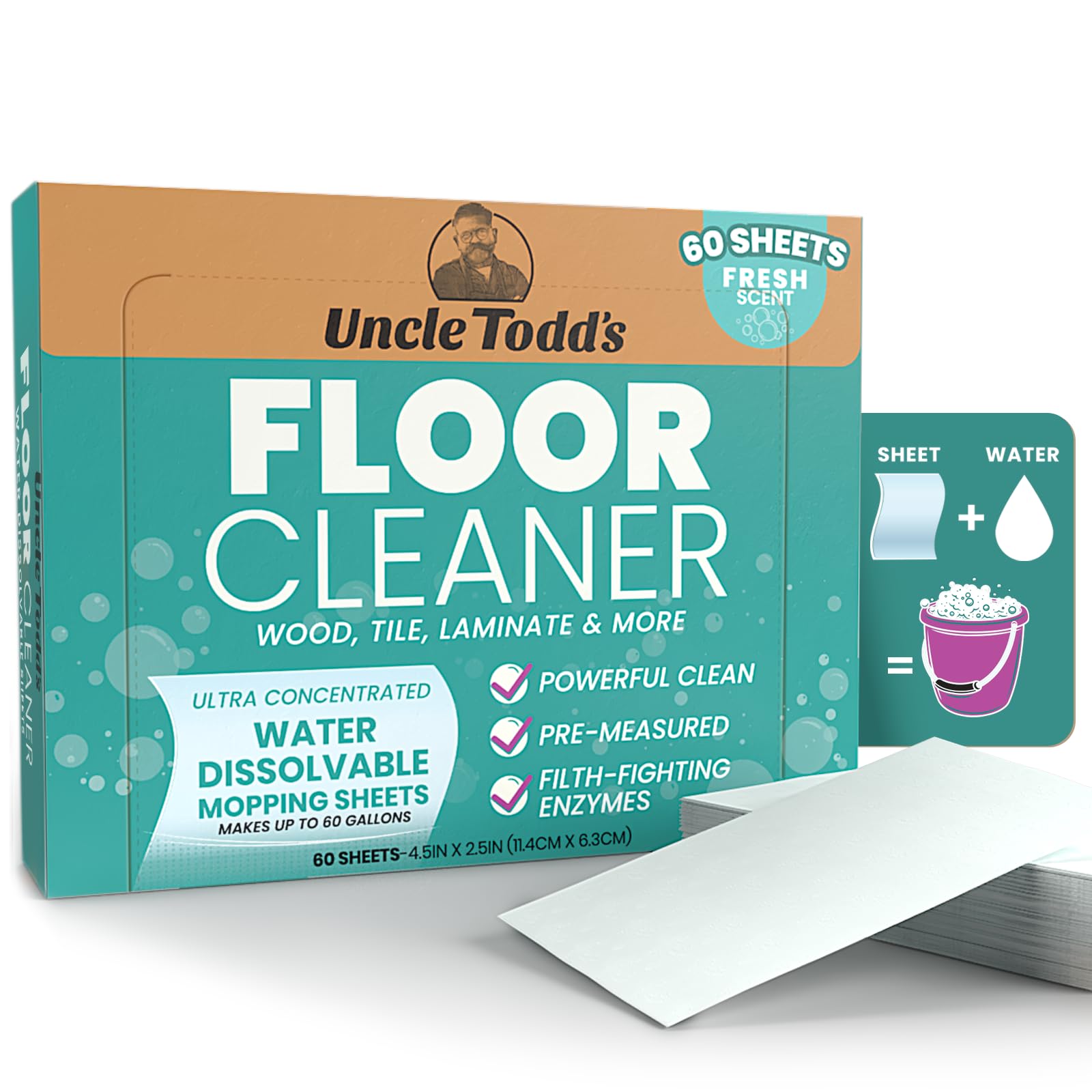 Uncle Todd's Ultra Concentrated Floor Cleaner For Mopping: 60 Natural, 100% Dissolvable Sheets for Mopping - Hardwood & Wood Floor Cleaner