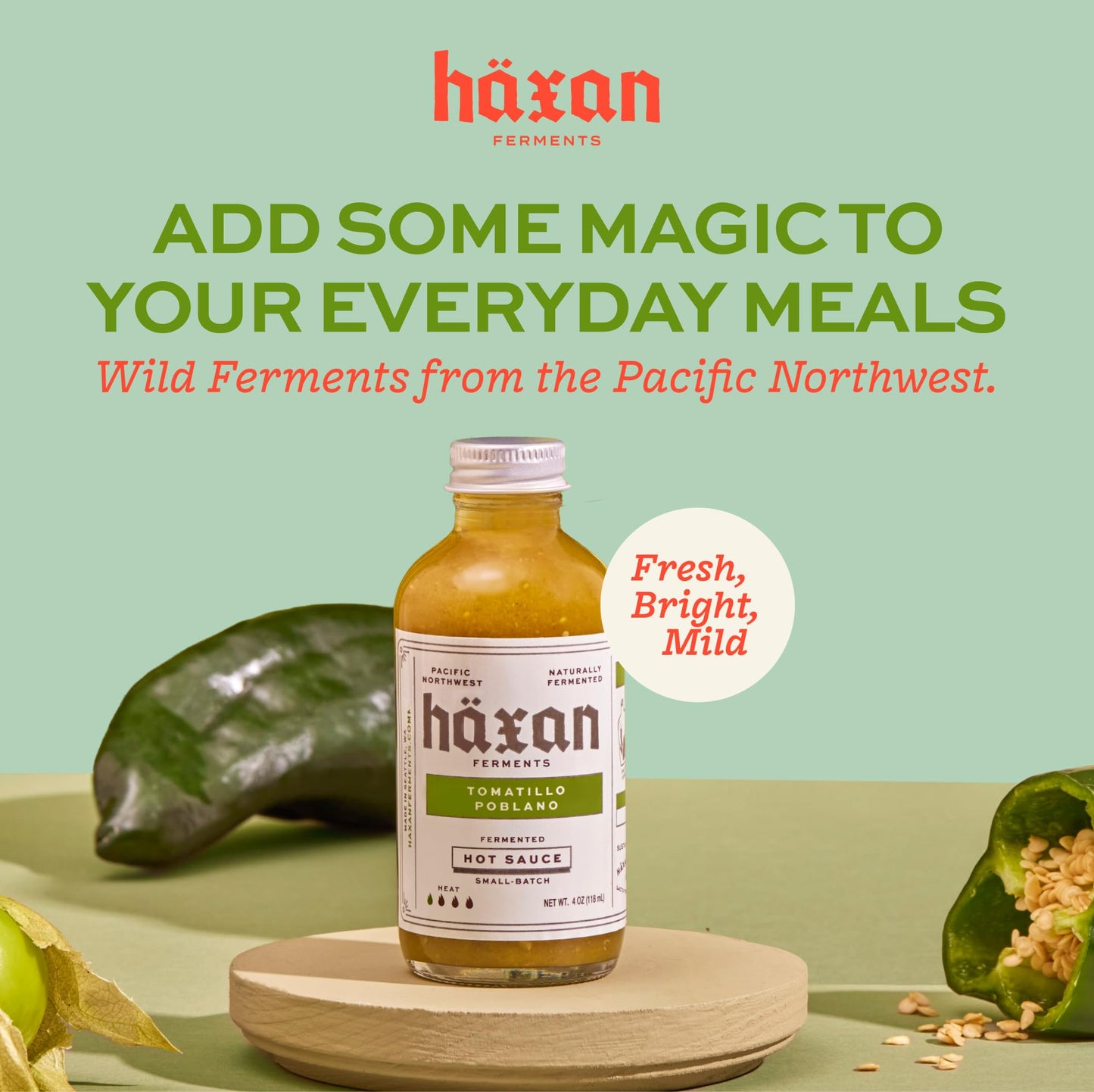 Haxan Ferments Tomatillo Poblano Hot Sauce (4 oz, 2 Count) - Mild Heat (Level 1/5) - Lacto-Fermented for Umami Depth - Made with Green Apples & Fresh