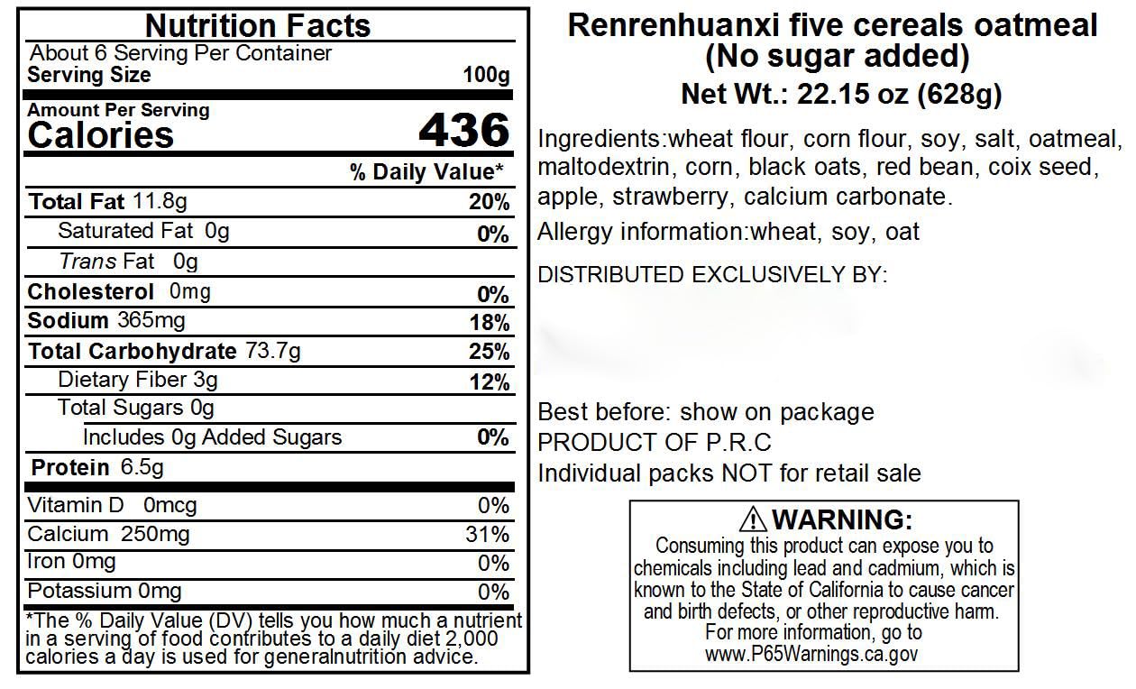Renrenhuanxi Five Cereals Oatmeal(No Sugar Added) Net Wt.: 22.15 Oz (628g)) 1pack