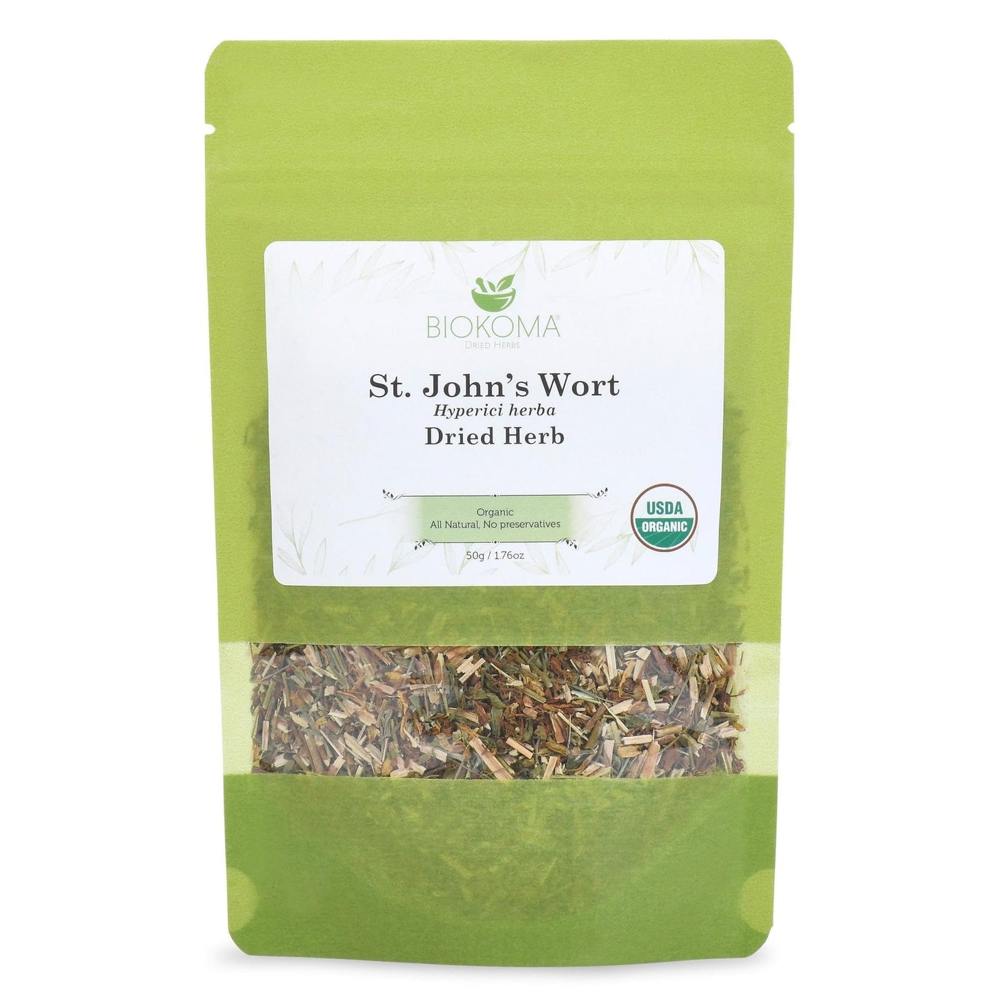 Biokoma Organic St. John’s Wort Dried Herb 50g (1.76oz) in Resealable Moisture Proof Pouch, USDA Certified Organic - Herbal Tea, No Additives, No