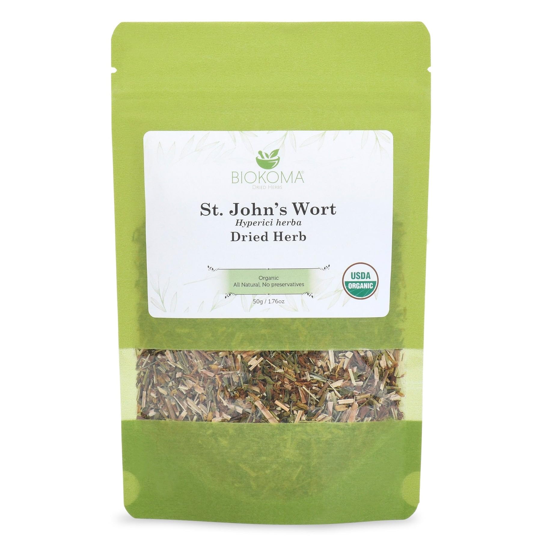 Biokoma Organic St. John’s Wort Dried Herb 50g (1.76oz) in Resealable Moisture Proof Pouch, USDA Certified Organic - Herbal Tea, No Additives, No