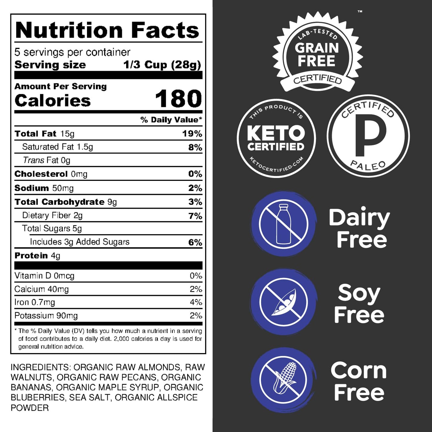 Witzi's Grain Free Granola, Banana Berry, 5oz (Pack of 3), Made with Almonds, Banana & Blueberries, Vegan, Keto, Gluten Free, Healthy Snack