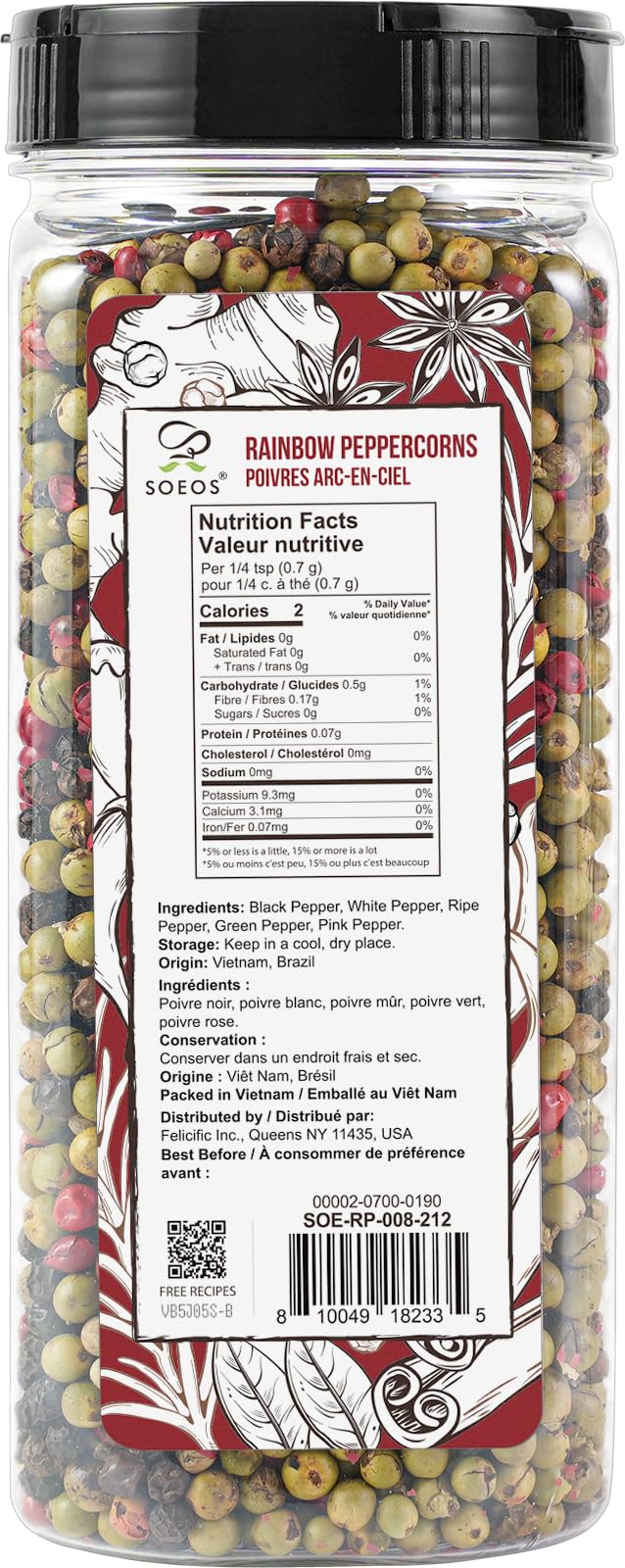 Soeos Rainbow Peppercorns, 8oz (Pack of 1), Non-GMO, Kosher, Packed to Keep Peppers Fresh, Peppercorn for Grinder Refill, Whole Peppercorns