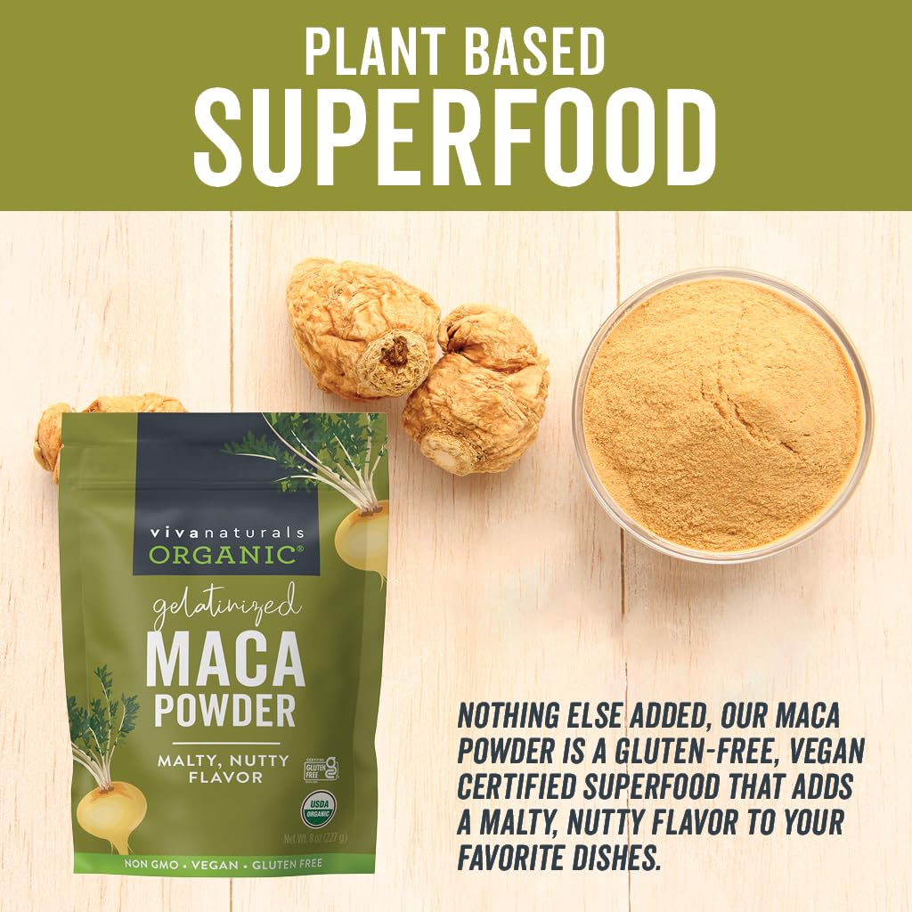 Viva Naturals Organic Maca Powder, Gelatinized, 8 oz - Vegan, USDA Organic, Gluten-Free, Non-GMO Peruvian Superfood in Resealable Bag
