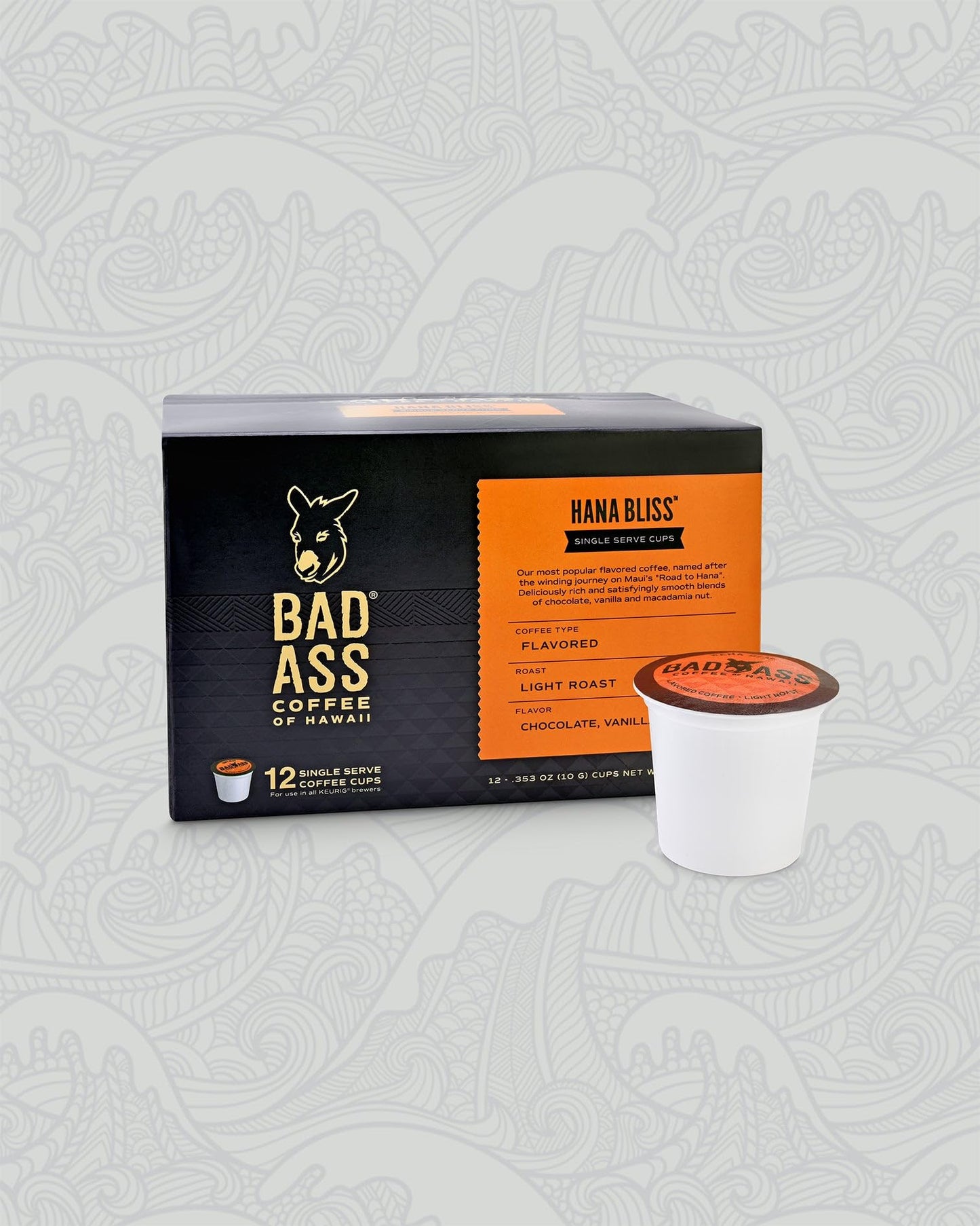 Bad Ass Coffee of Hawaii Hana Bliss Light Roast Single Serve Cups, 12 Count