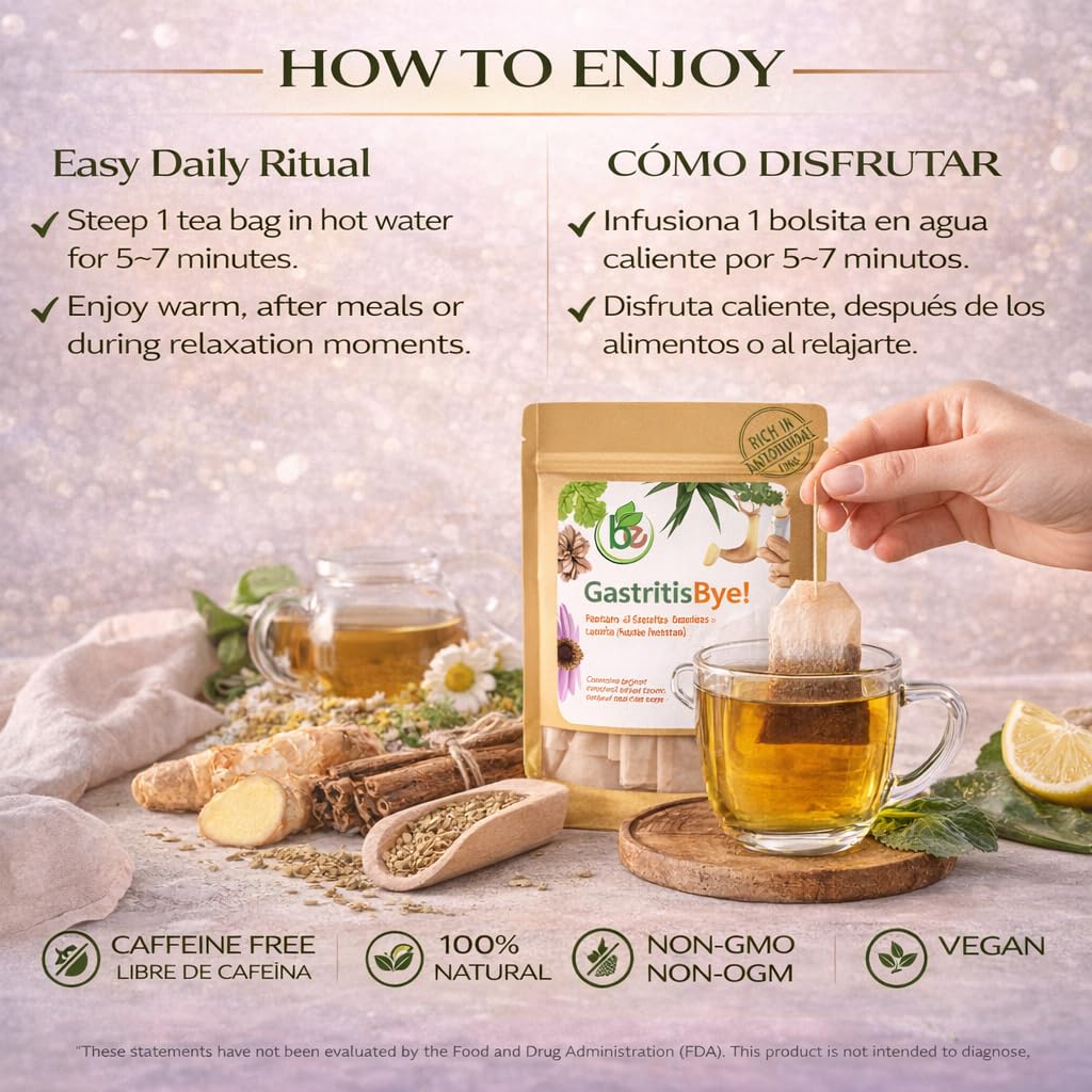 Gastritis-BYE Herbal Tea - Herbal Infusion for Digestive Comfort - 24 Tea Bags - Ginger, Chamomile, Boldo, Aloe Vera, Mint, Arnica & Cuachalalate