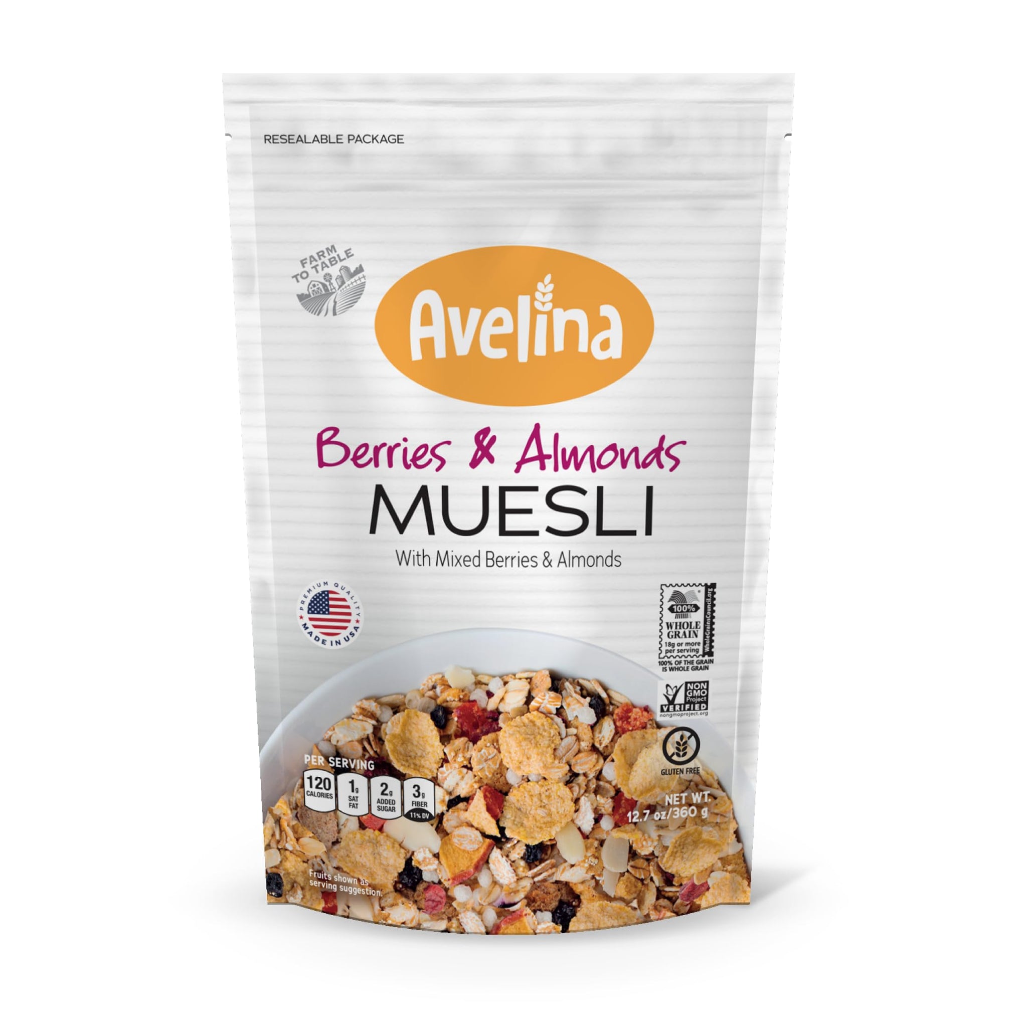 Avelina Natural Flavors Muesli - Gluten-Free Healthy Oatmeal-Based Cereal - Kosher, Non-Gmo and Gluten free - 12.7 oz (Berries & Almonds, 1-Pack)