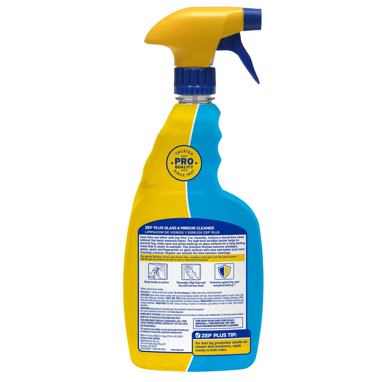 Zep Plus Glass & Mirror Foaming Cleaner 32 oz (2 Units) and a Blue Microfiber Rag ECBD025-2-Pack Ammonia-Free Anti-Fog Streak-Free Mirror and Glass