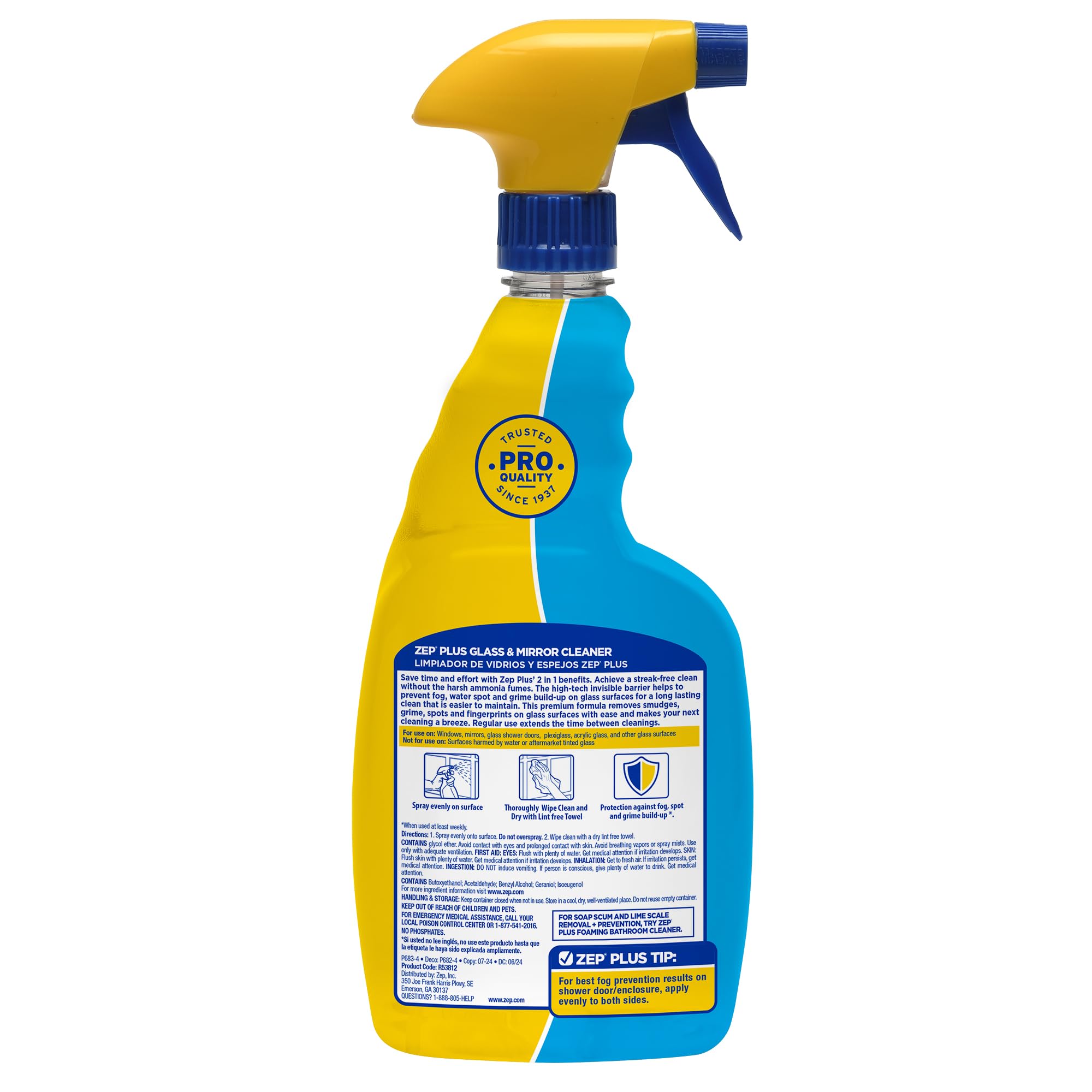Zep Plus Glass & Mirror Foaming Cleaner 32 oz (2 Units) and a Blue Microfiber Rag ECBD025-2-Pack Ammonia-Free Anti-Fog Streak-Free Mirror and Glass