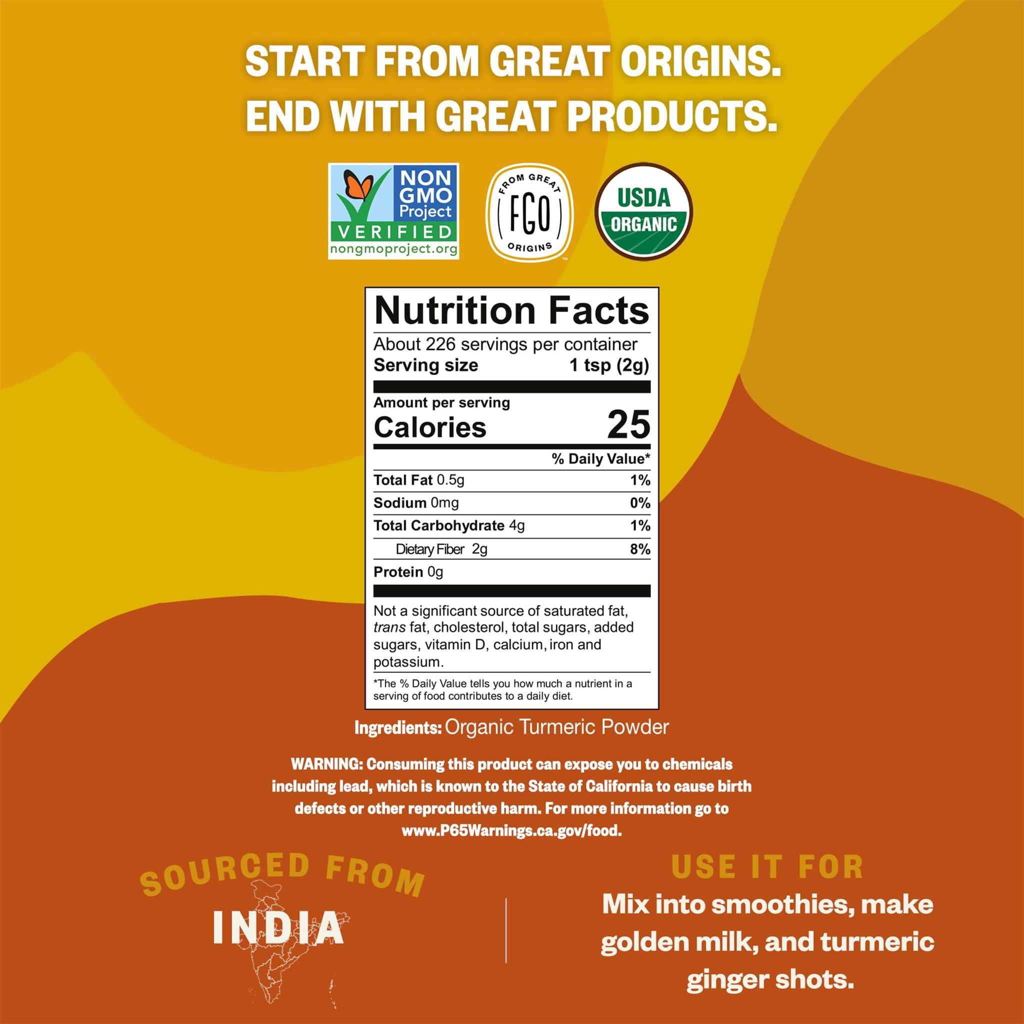 FGO Organic Turmeric Powder w/Curcumin, 1 Pound / 16oz Bulk Resealable Pouch, USDA Organic and Non-GMO, Sourced from India, Packaging May Vary (Pack