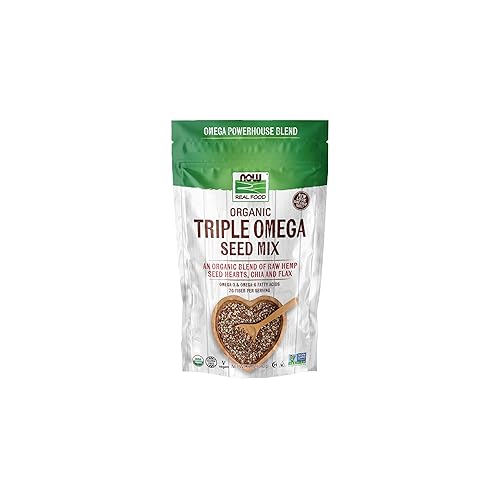 NOW Foods, Organic Triple Omega Seed Mix, Raw Hemp Seed Hearts, Chia and Flax, Omega-3 and 6 Fatty Acids, Source of Fiber, Protein and Iron