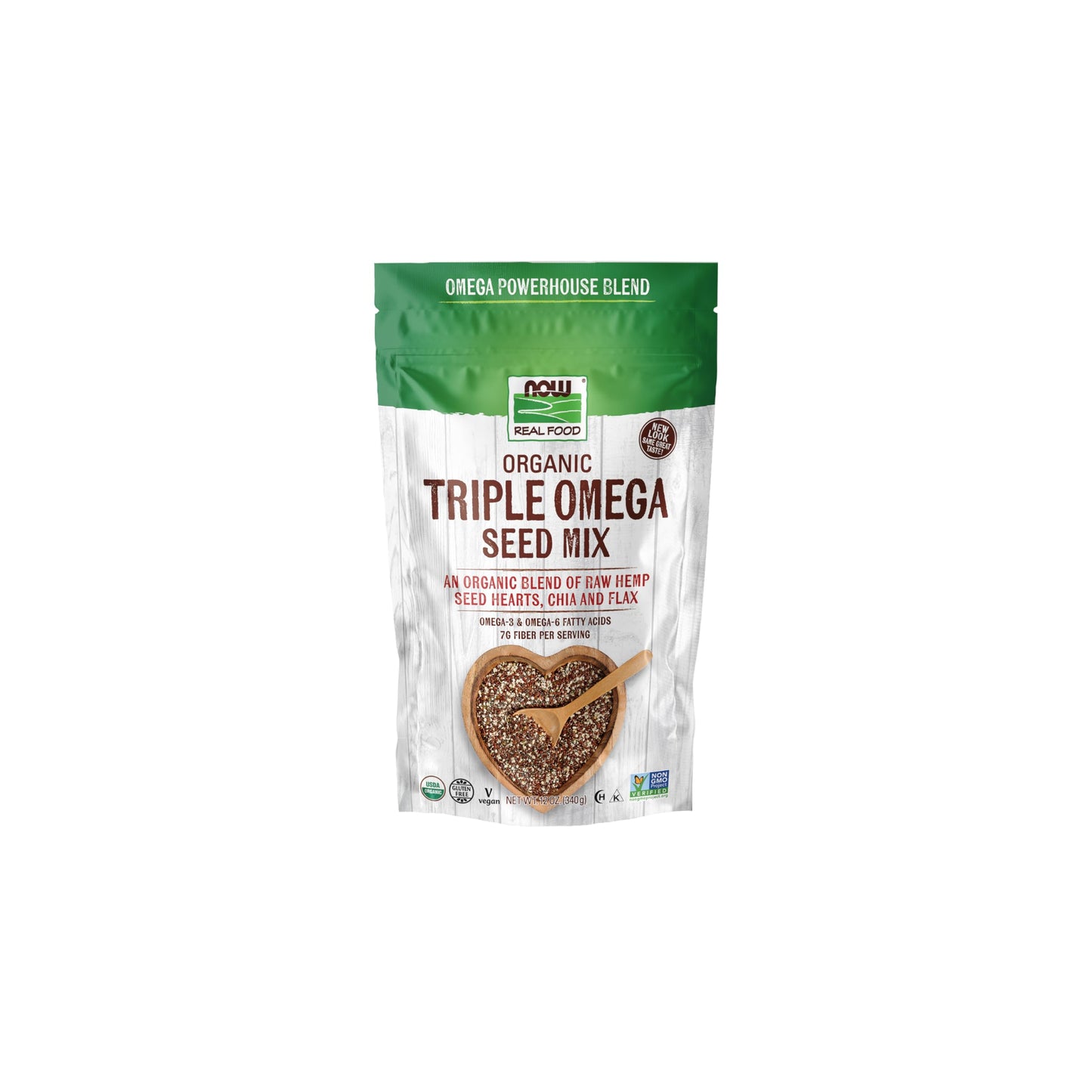 NOW Foods, Organic Triple Omega Seed Mix, Raw Hemp Seed Hearts, Chia and Flax, Omega-3 and 6 Fatty Acids, Source of Fiber, Protein and Iron