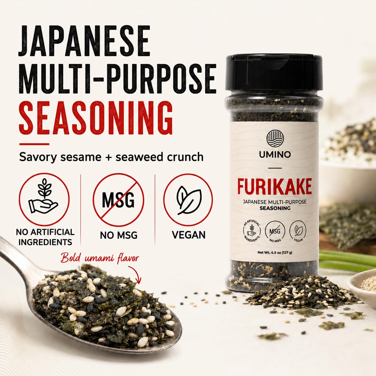 Umino Furikake Large 4.5 oz | Multi-Purpose Japanese Seasoning with Nori, Sesame & Sea Salt | USA Made, Additive & MSG Free