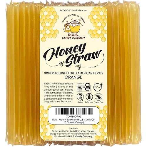 25 Pack Honey Sticks For Tea, Snacking, Honey Packets Single Serve Stir Sticks, Natural Flavor by R.U.S Candy Company- Honey Straws (Orange)