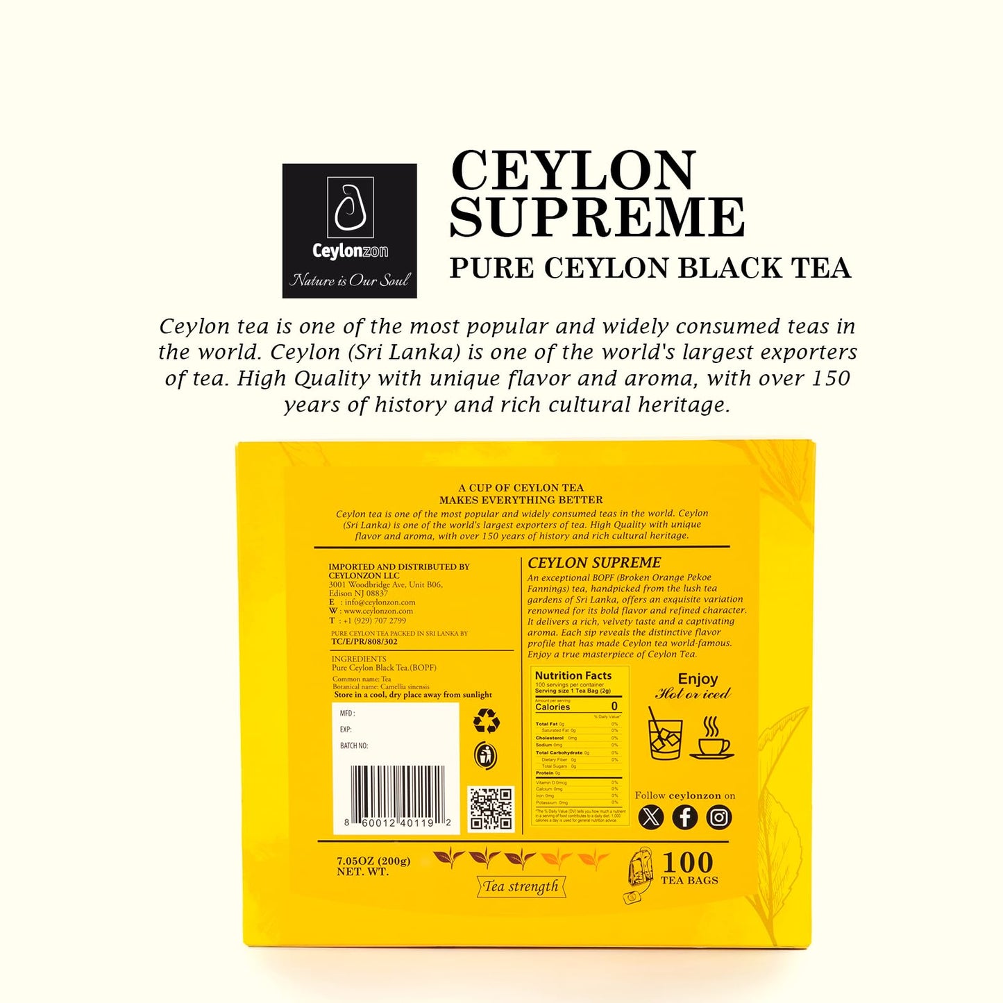 Ceylonzon Supreme Premium Ceylon Tea comes with 100 Ceylon tea bags 4 Wrapped in Pouch offering Bold, Crisp, Full-Bodied Flavor, Luxurious Aroma