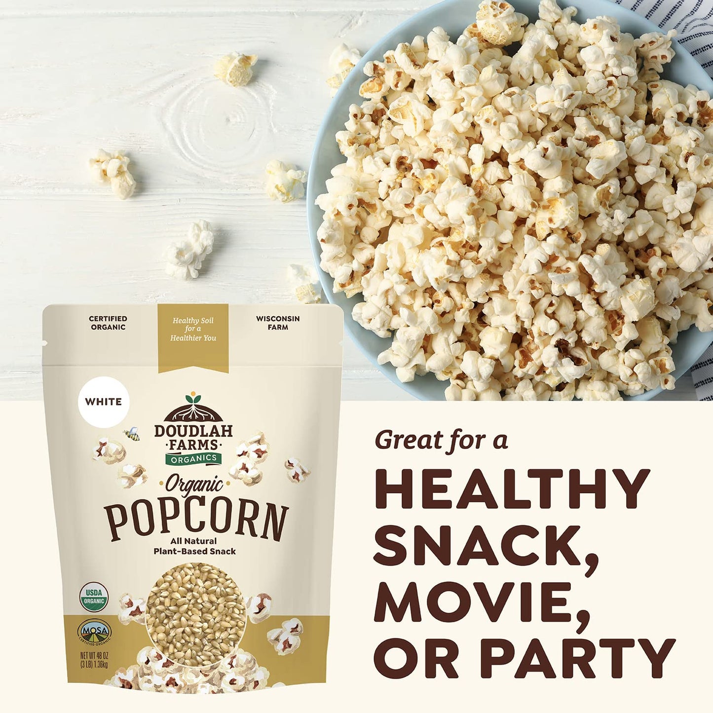 Organic White Popcorn Kernels Unpopped 3 lb - Healthy, Non-GMO, Gluten-Free, Unsalted, Pesticide-Free, Chemical-Free, Glyphosate-Free, Grown in