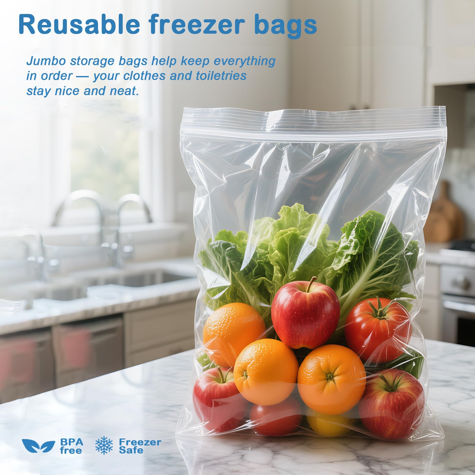 Extra Large Storage Bags - Zipper Seal, 3.1-mil Thick, Heavy Duty, 5 Gallon 18" x 24", Jumbo Plastic Bags for Clothes, Travel, Moving, Large Reusable