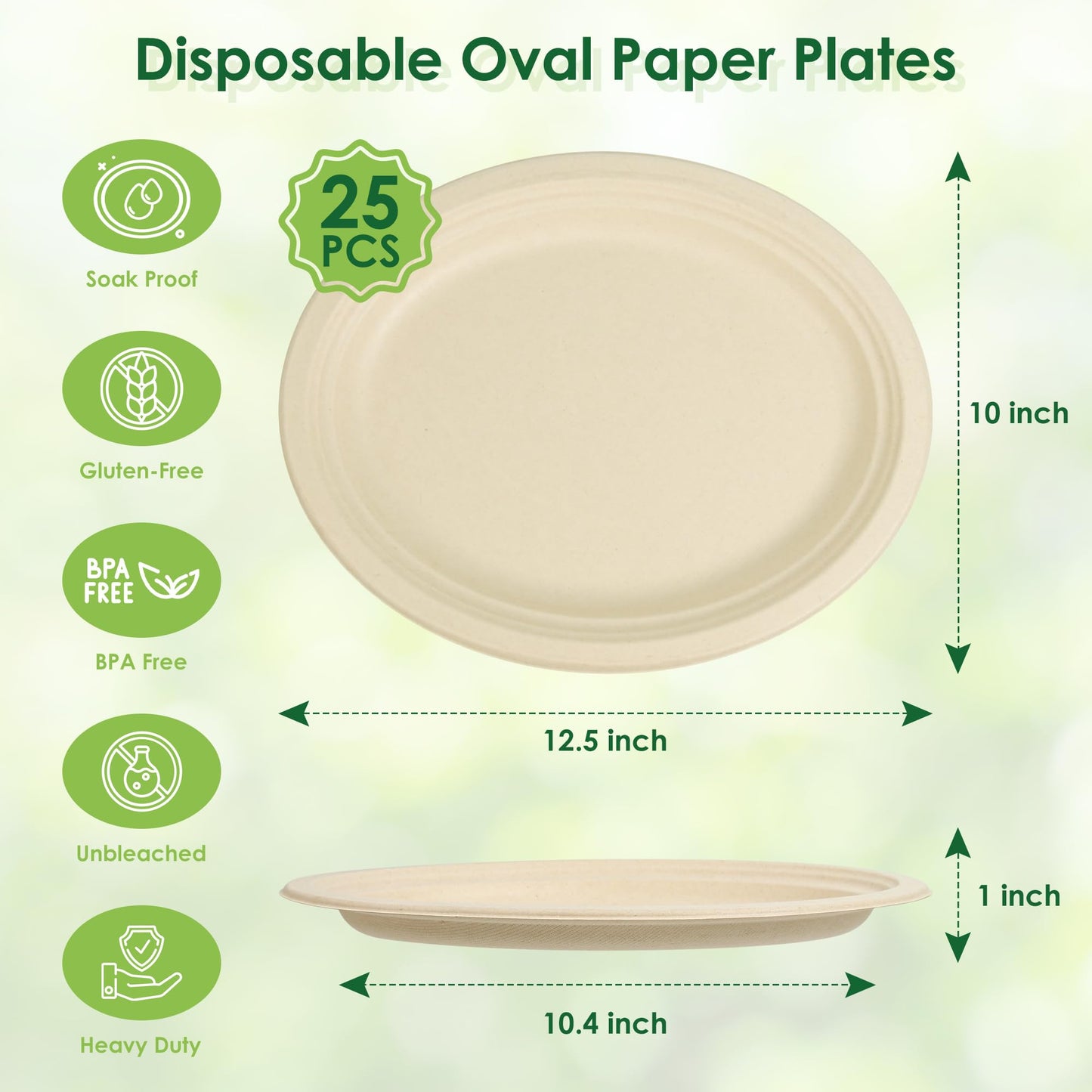 FEHHTO Compostable Oval Paper Plates, 12.5Inch 25Pack Disposable Heavy Duty Bagasse Platters Eco-Friendly Biodegradable Sugarcane Plates for BBQ