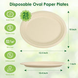 FEHHTO Compostable Oval Paper Plates, 12.5Inch 25Pack Disposable Heavy Duty Bagasse Platters Eco-Friendly Biodegradable Sugarcane Plates for BBQ