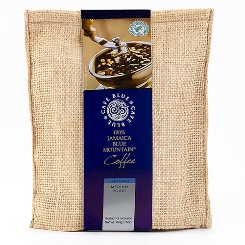 Cafe Blue 100% Jamaican Blue Mountain Ground Coffee - JACRA-Certified Medium Roast with Low Acidity - Smooth Chocolate Notes and No Bitter Aftertaste