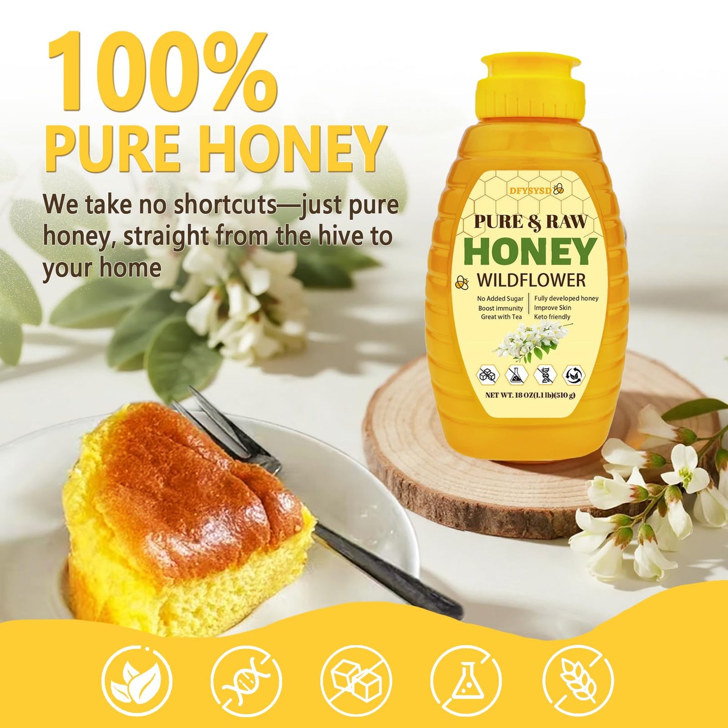 Wildflower Honey, 100% Raw Unfiltered Honey, 18oz/510g, Natural and Pure, Fresh Sweetness, Floral, a Hint of Fruit, for Milk, Tea & Daily Wellness