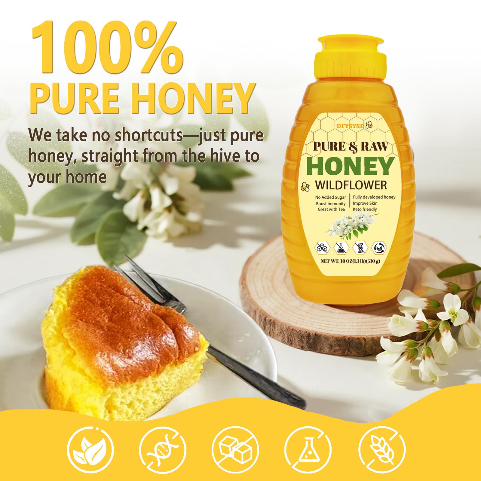 Wildflower Honey, 100% Raw Unfiltered Honey, 18oz/510g, Natural and Pure, Fresh Sweetness, Floral, a Hint of Fruit, for Milk, Tea & Daily Wellness