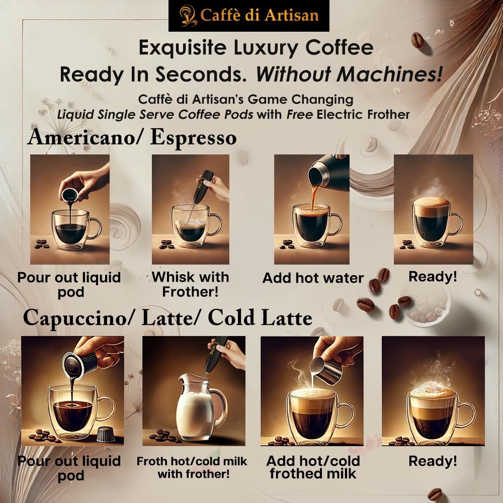 Caffè di Artisan Liquid Coffee Pods - Premium Single-Serve Coffee for Cold Brew concentrate, Iced Coffee & Hot Coffees - Machine-Free, Eco-Friendly