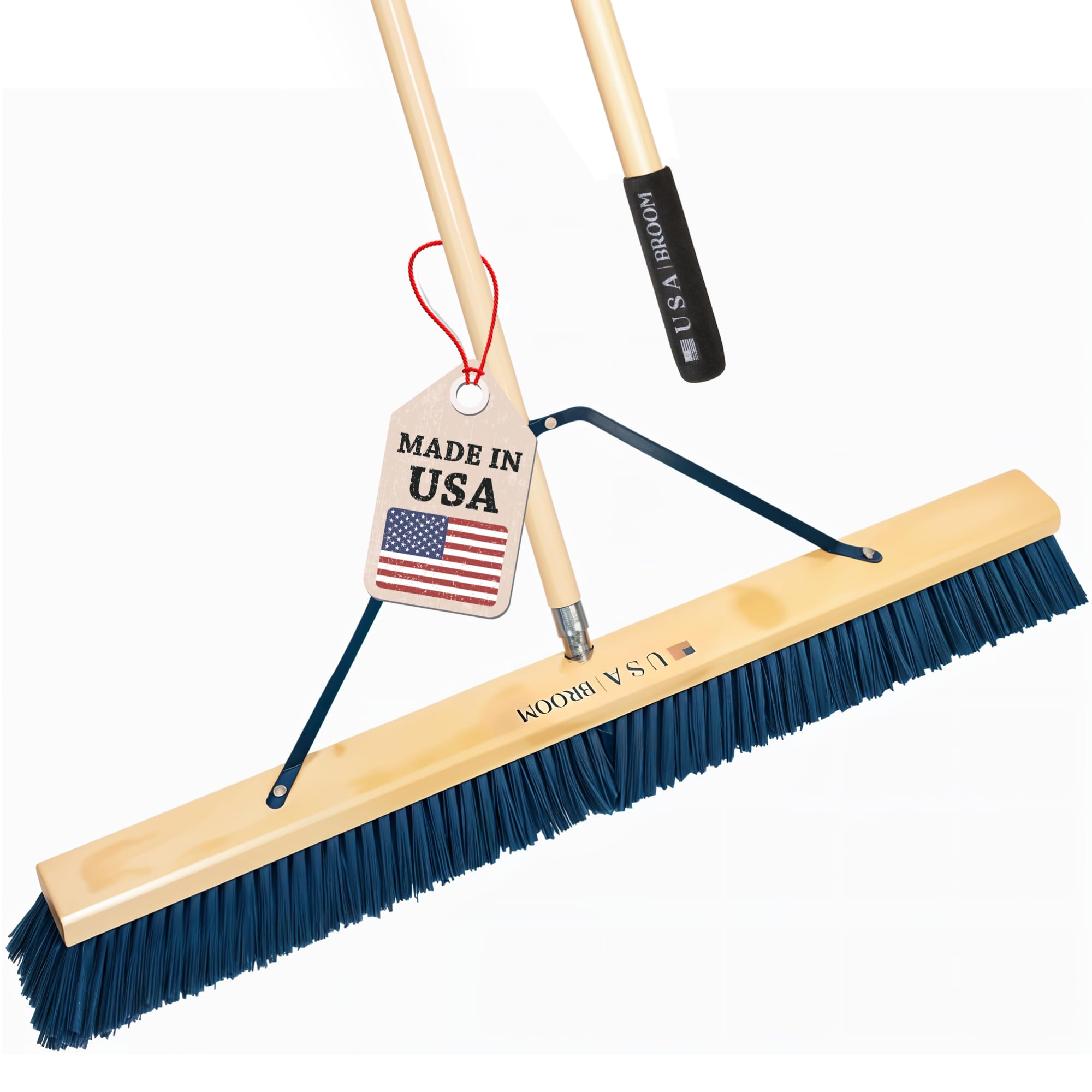 36" Heavy Duty Outdoor Push Broom with 60" Handle. Ideal for Asphalt, Concrete & Heavy Debris. Durable American Made Steel Brackets-Stainless Steel