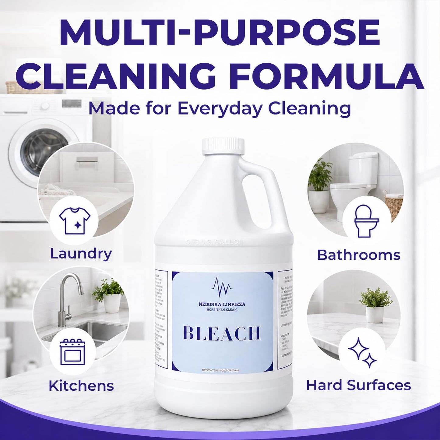 Medorra Liquid Bleach, 1 Gallon, 6-Pack, Original Unscented Chlorine Bleach, 128 fl oz Each, Multi-Purpose Cleaner for Laundry, Whites, Stain Removal