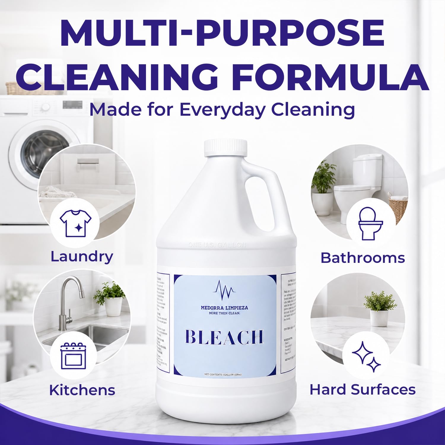 Medorra Liquid Bleach, 1 Gallon, 6-Pack, Original Unscented Chlorine Bleach, 128 fl oz Each, Multi-Purpose Cleaner for Laundry, Whites, Stain Removal